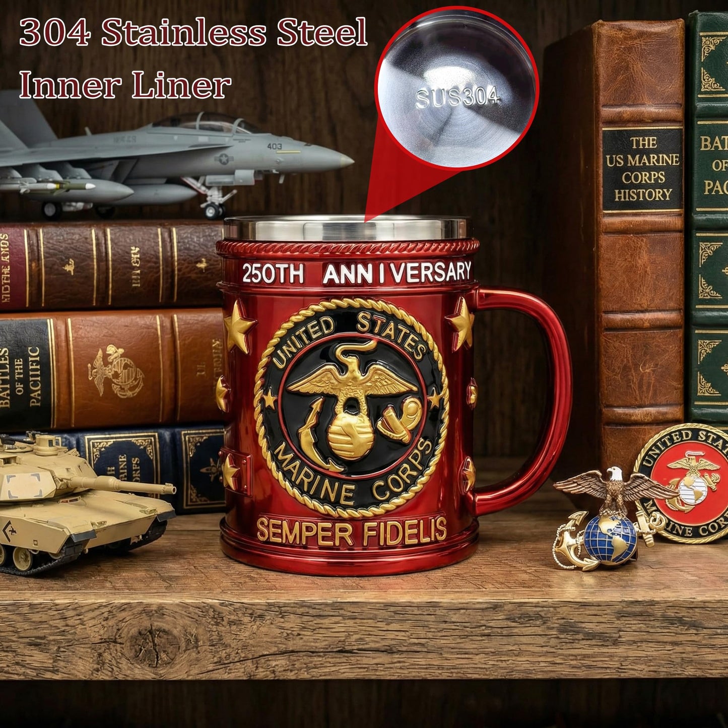 FEIOOD Metal Heavy Marine Corps Coffee Mug, USMC Anniversary 15oz Mug, Stainless Steel Army Mug, Veteran Gift & Military Collectible