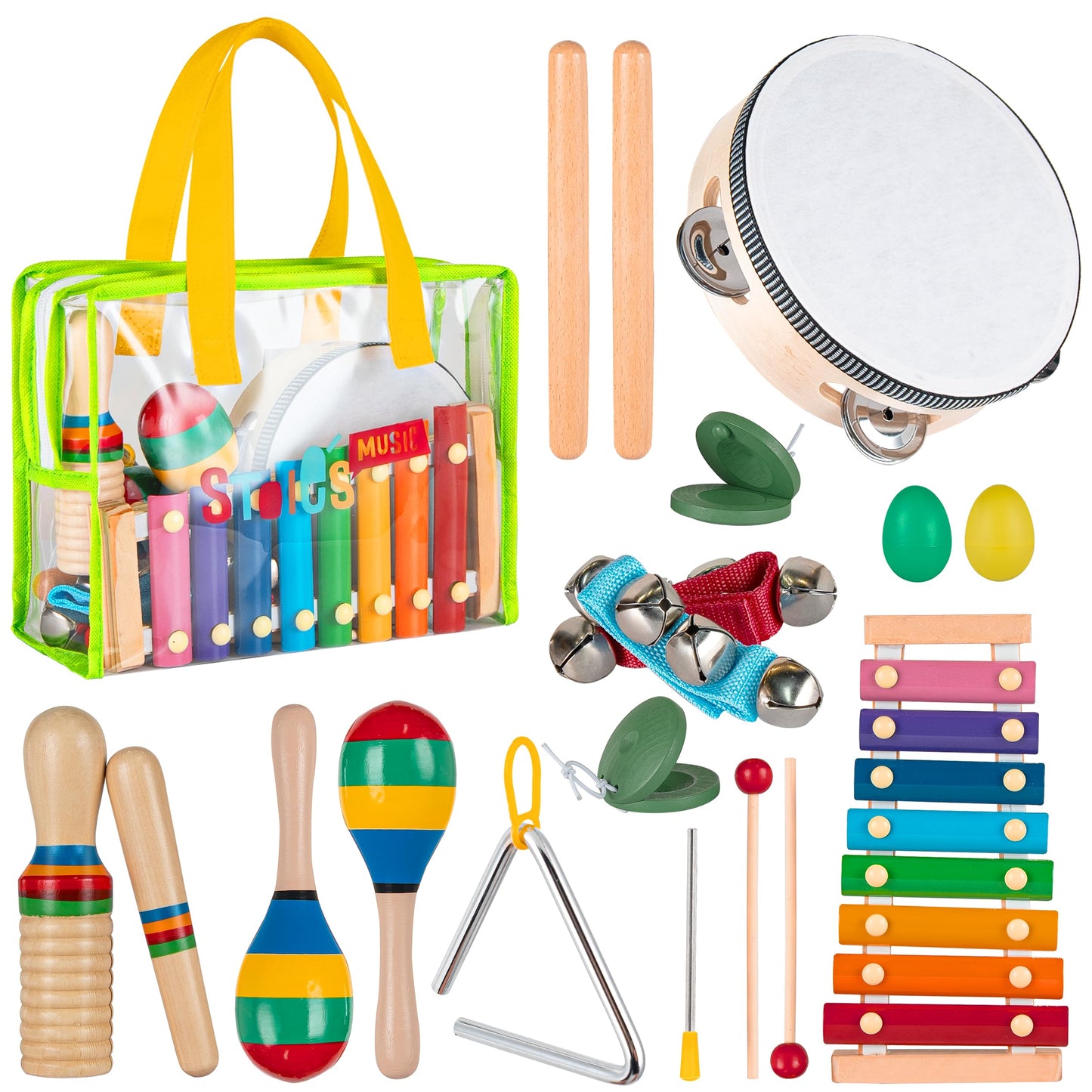 Stoie's Green Bag Kids Musical Instruments for Babies and Toddlers, Montessori Educational Music Toy with Xylophone, Tambourine, Hand Bell, Triangle, Maracas, Durable, Storage Bag