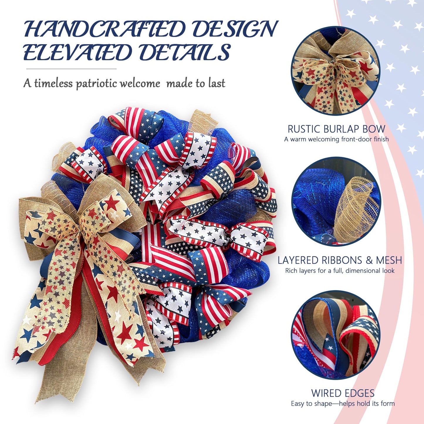 Presentastic 250th Anniversary Patriotic Wreaths for Front Door, 24 Inch Large 4th of July Decorations, Handcrafted Ribbon Burlap Bow, Red White and Blue Memorial Day Wreath with Lights & Storage Bag