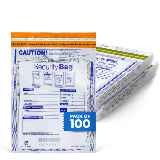 Clear Plastic Bank Deposit Bags | Tamper-Evident Cash Deposit Bag | Tear-Off Receipt | Heavy-Duty 9" x 12" | 100 pcs | ABC Check Printing