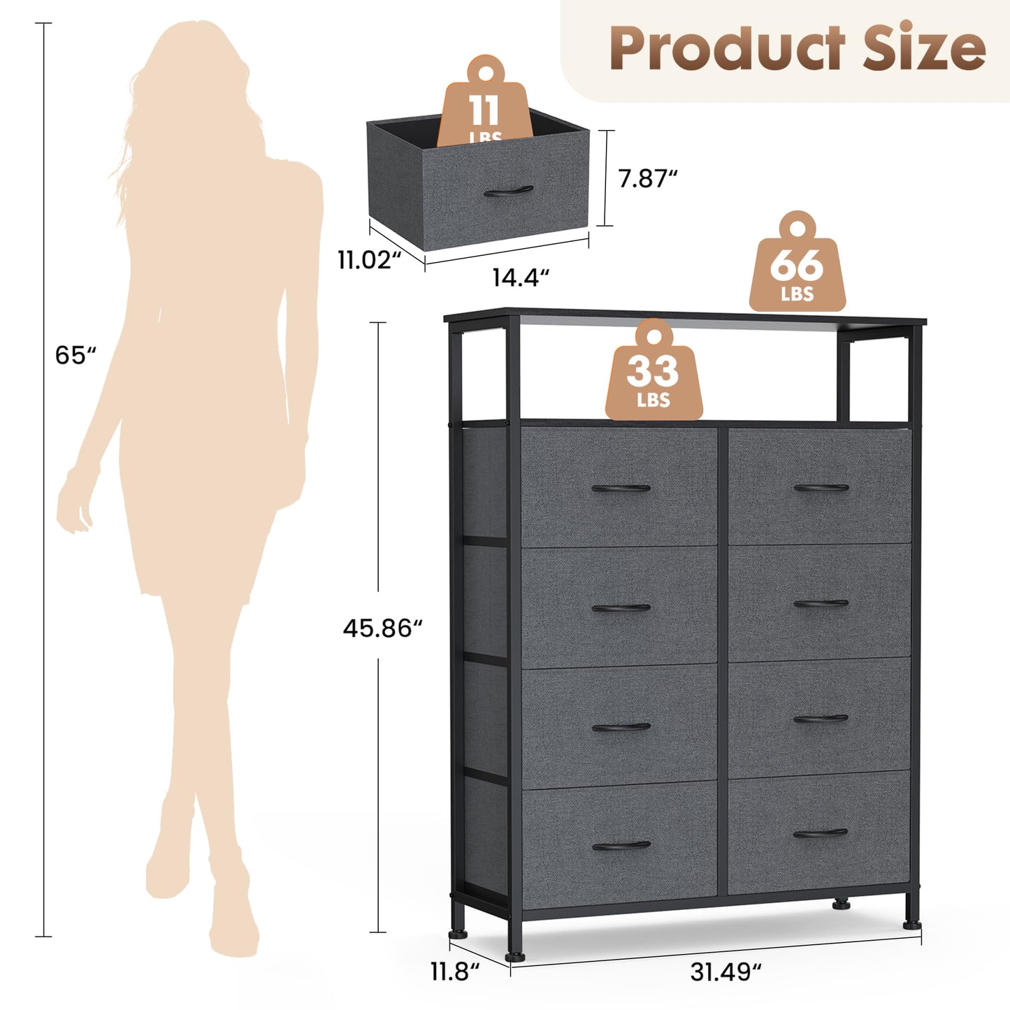 DUMOS Fabric Dresser for Bedroom with 8 Drawers, Tall 8-Drawer Chest of Drawers with Raised Shelf, Storage Tower with Fabric Bins for Closet Organization, Hallway Storage, Grey