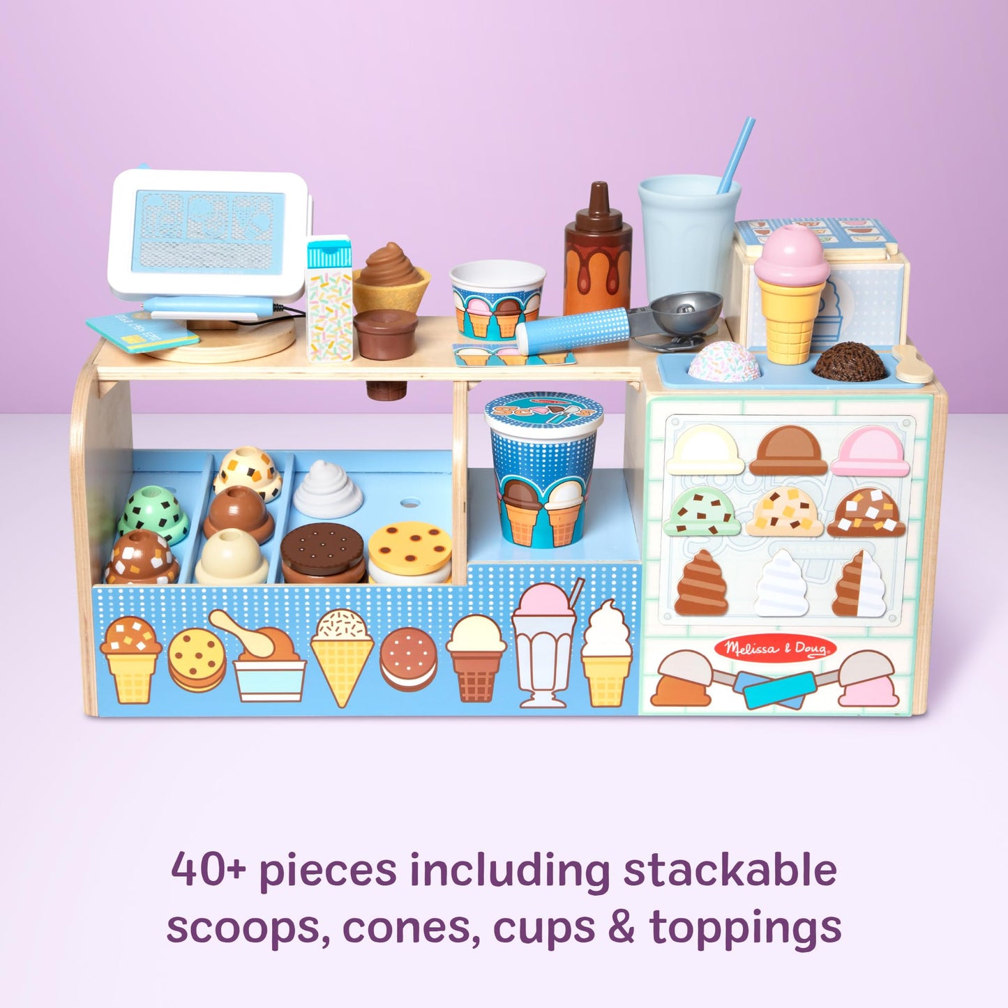 Melissa & Doug Cool Scoops Ice Creamery Wooden Counter with Play Food Preschool Toy - FSC CertifiedWooden Pretend Play Frozen Treats for Toddlers, Preschoolers, Boys and Girls