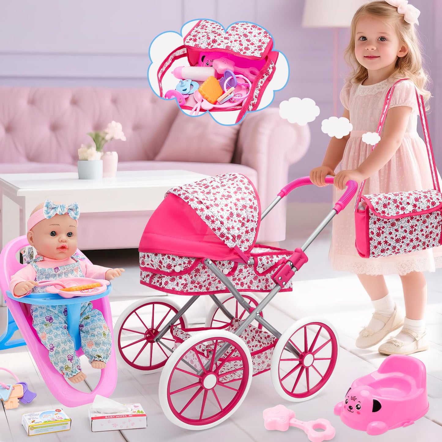 deAO Baby Doll Stroller Set High Chair Travel Diaper Bag with 12 inch Baby Doll Accessories Pretend Play Toys with Foldable Stroller 2 Sets Doll Clothes Birthday Gift for Girls Boys Toddler Kids