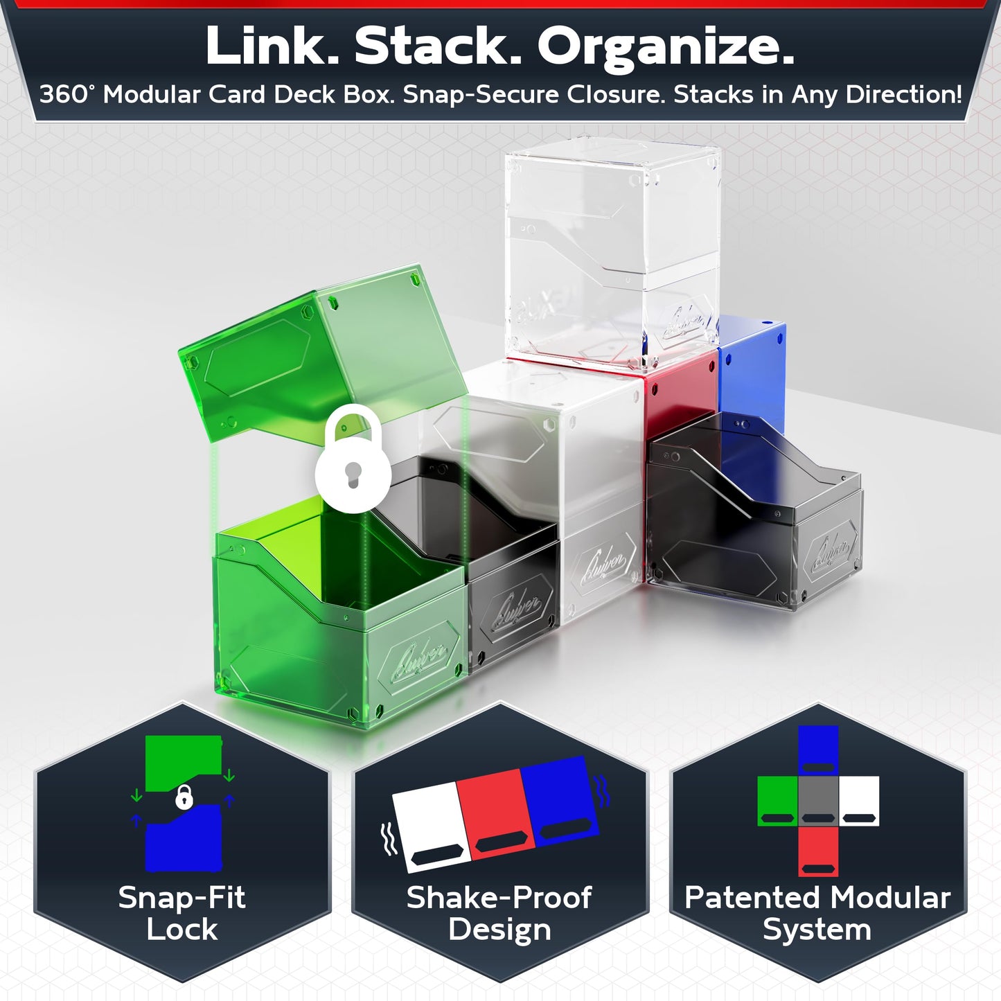 Quiver Time 360° Modular Nexus DeckBlock - Durable Stackable MTG Deck Box for Commander fits 100+ Cards | Stylish 100 Card Deck Box MTG | Interchangeable TCG Decks Boxes (6 pcs, WUBRG + Clear)