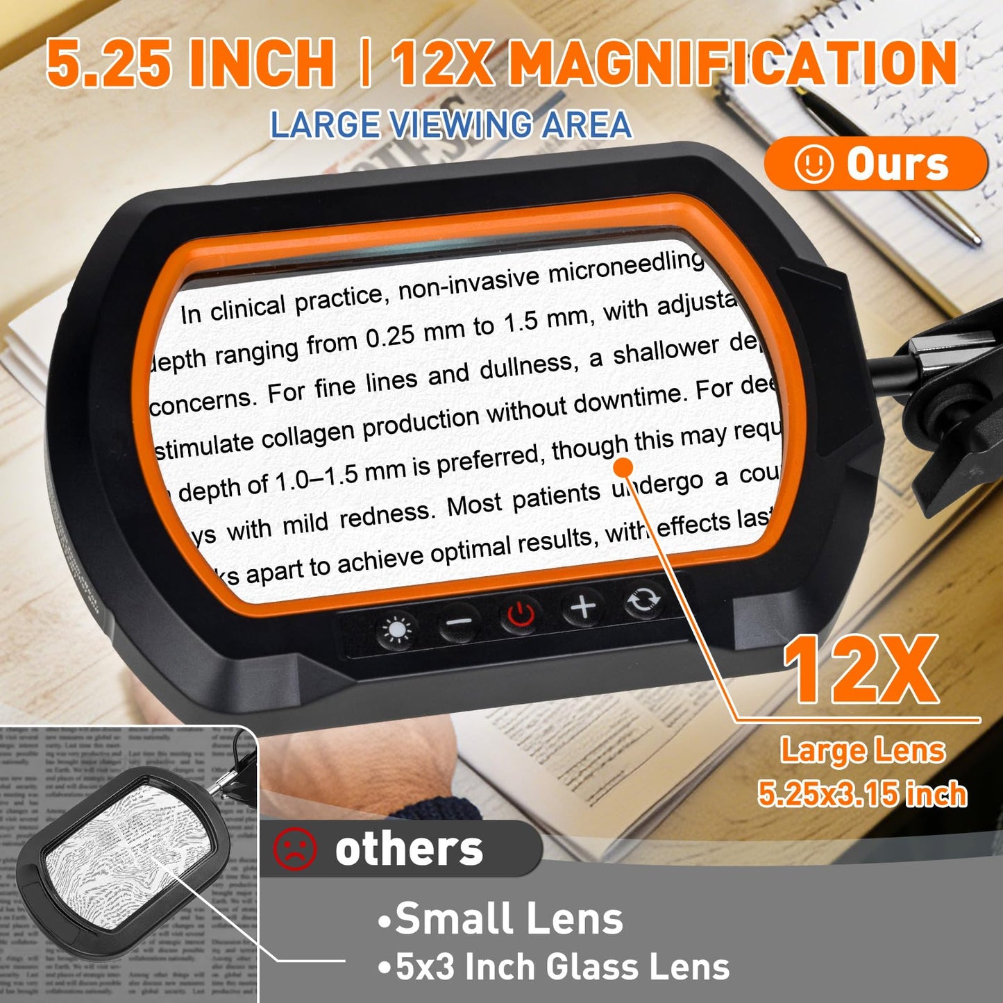 HITTI 12X Square Magnifying Glass with Light and Clamp, Hands-Free Lighted Stand with Ultra Long 3-Section Arm | 5 Color Modes & Stepless Dimming LED Desk Lamp for Workbench, Crafting, Reading -Yellow