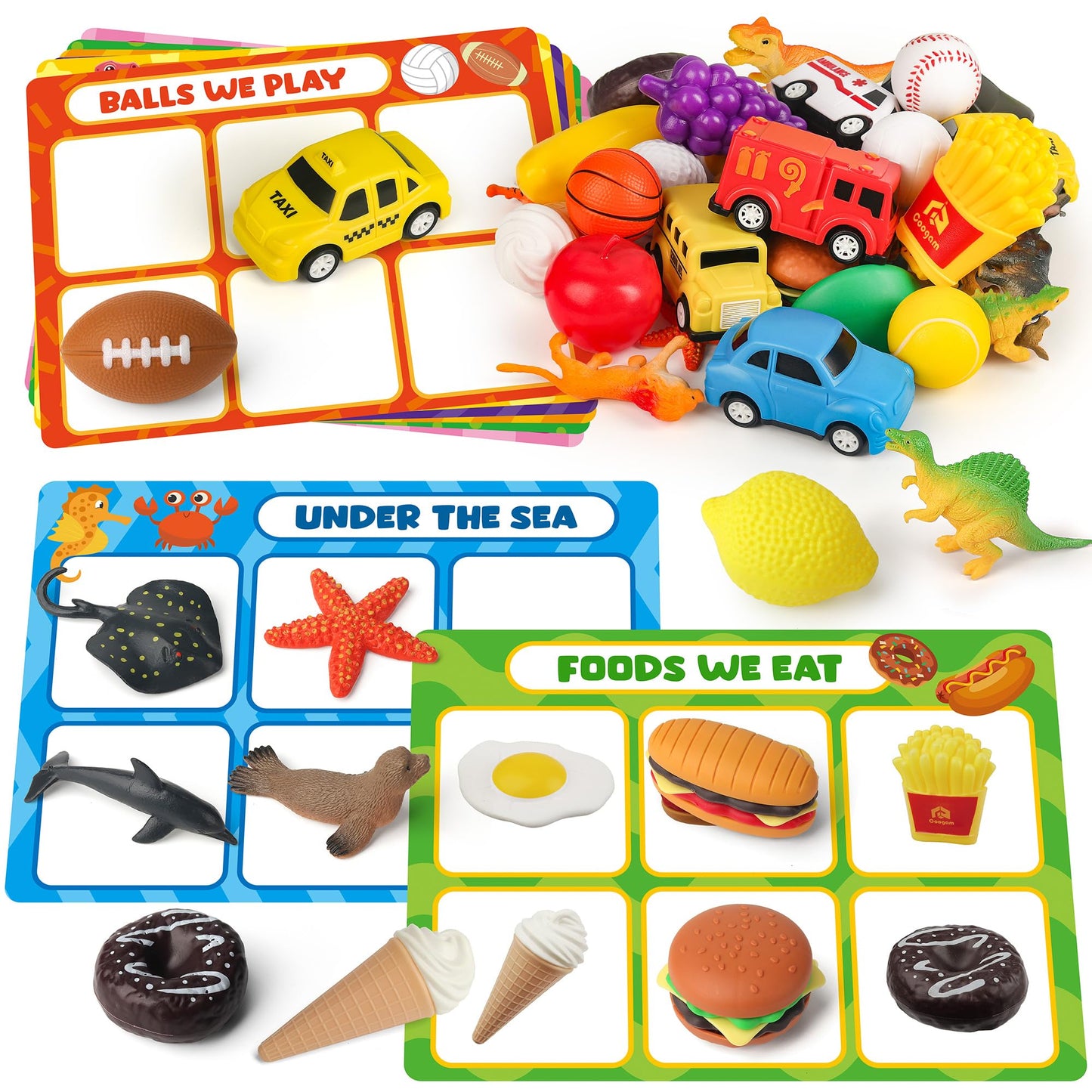 Sorting Toy for Toddlers, Animals Dinosaurs Fruits Vehicles Foods Fishes Balls Farm Playset, Fine Motor Montessori Game Preschool Educational Learning Gift