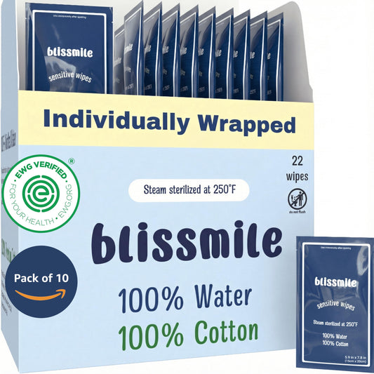 blissmile 100% Water & Cotton Wet Wipes Travel Size - Individually Wrapped - Fragrance & Preservative-Free for Baby, Women & Sensitive Skin - Gentle Hand, Face, Body & Feminine Care - 220 Count
