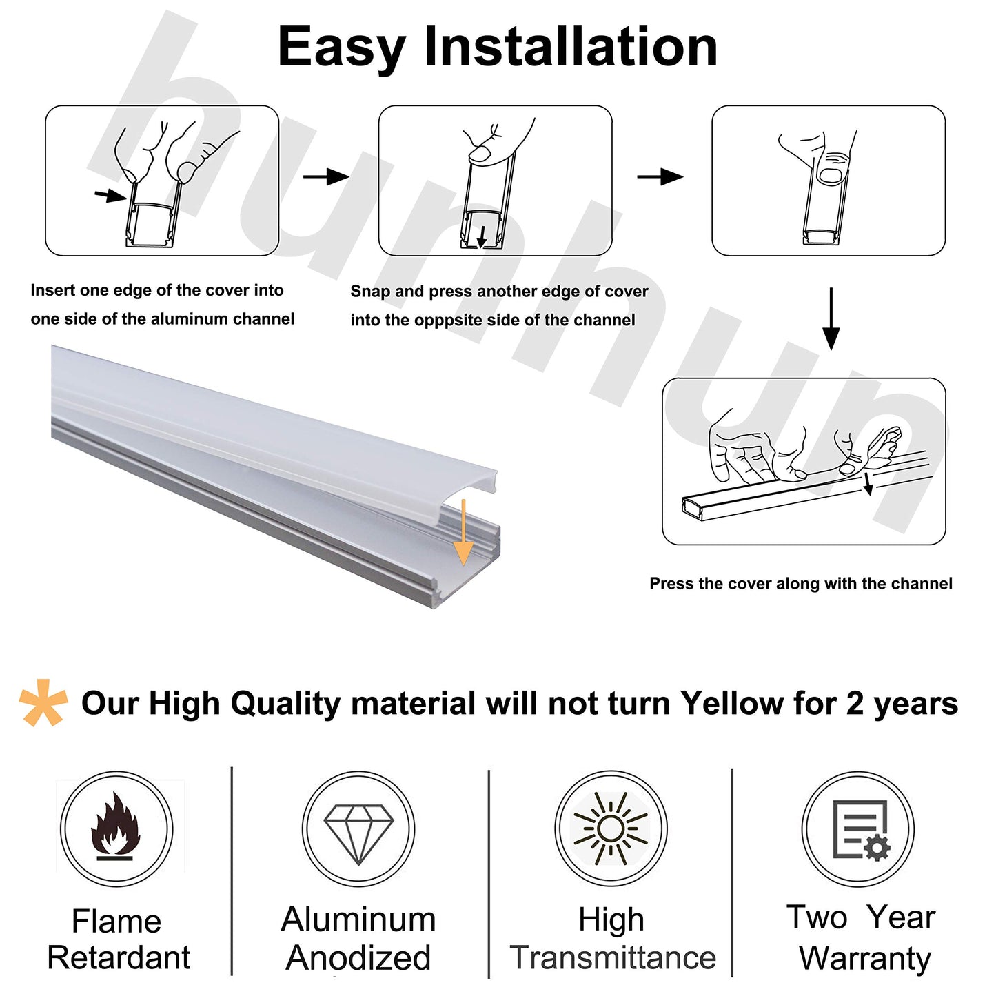 hunhun 20-Pack 3.3ft/1Meter U Shape LED Aluminum Channel System with Milky Cover, End Caps and Mounting Clips, Aluminum Profile for LED Strip Light Installations, Very Easy Installation