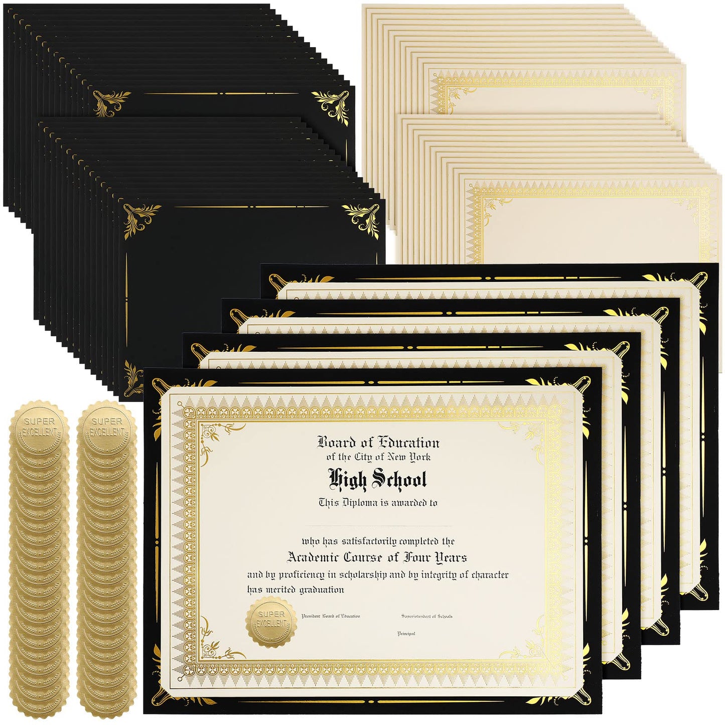Fainne 100 Sets Certificate Paper Kit Single Sided Awards Holder with Foil Border for 8.5 X11 Certificate Covers Award Seals Stickers Diploma Covers(Black)
