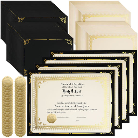Fainne 100 Sets Certificate Paper Kit Single Sided Awards Holder with Foil Border for 8.5 X11 Certificate Covers Award Seals Stickers Diploma Covers(Black)
