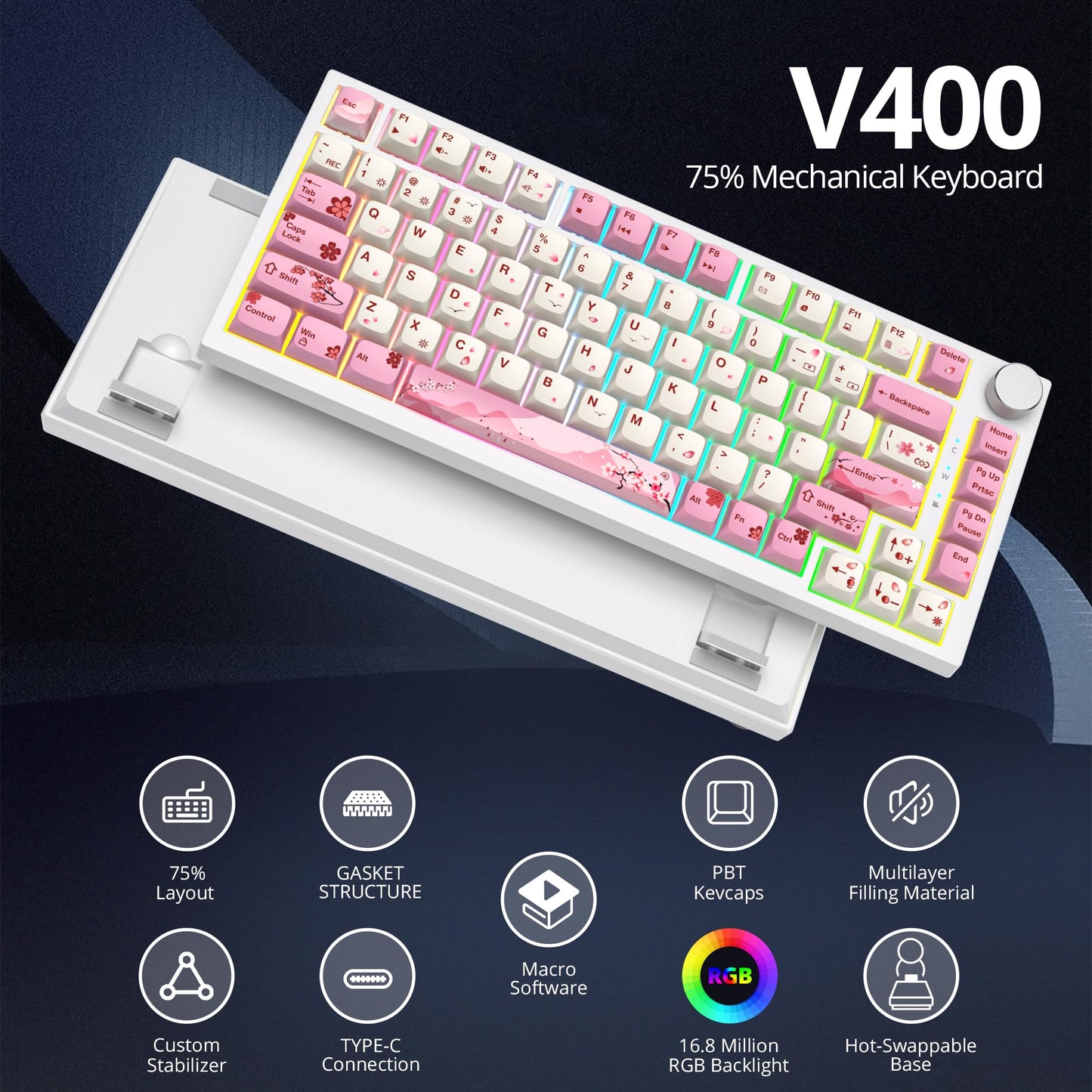 SbocKeeb 75 Percent Pink Keyboard Gasket-Mounted with Sound Absorbing Pads, 82-Key Compact Wired RGB Mechanical Gaming Keyboard Hot-Swap Socket for Win, Ying