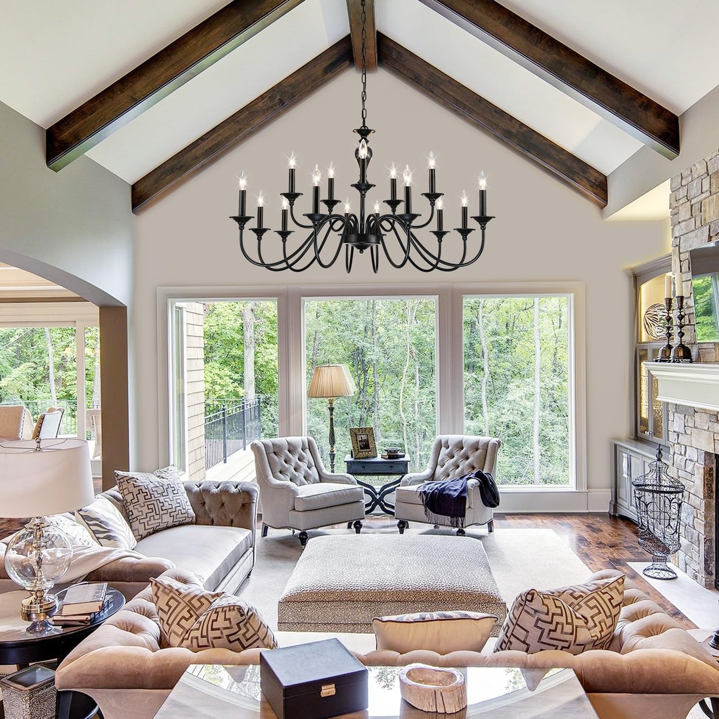 15 Light Black Farmhouse Chandelier | Large Chandeliers for Dining Room Light Fixtures Over Table | Vintage Candle Hanging Lighting for Living Room | Foyer | Staircase | Restaurant | Villa