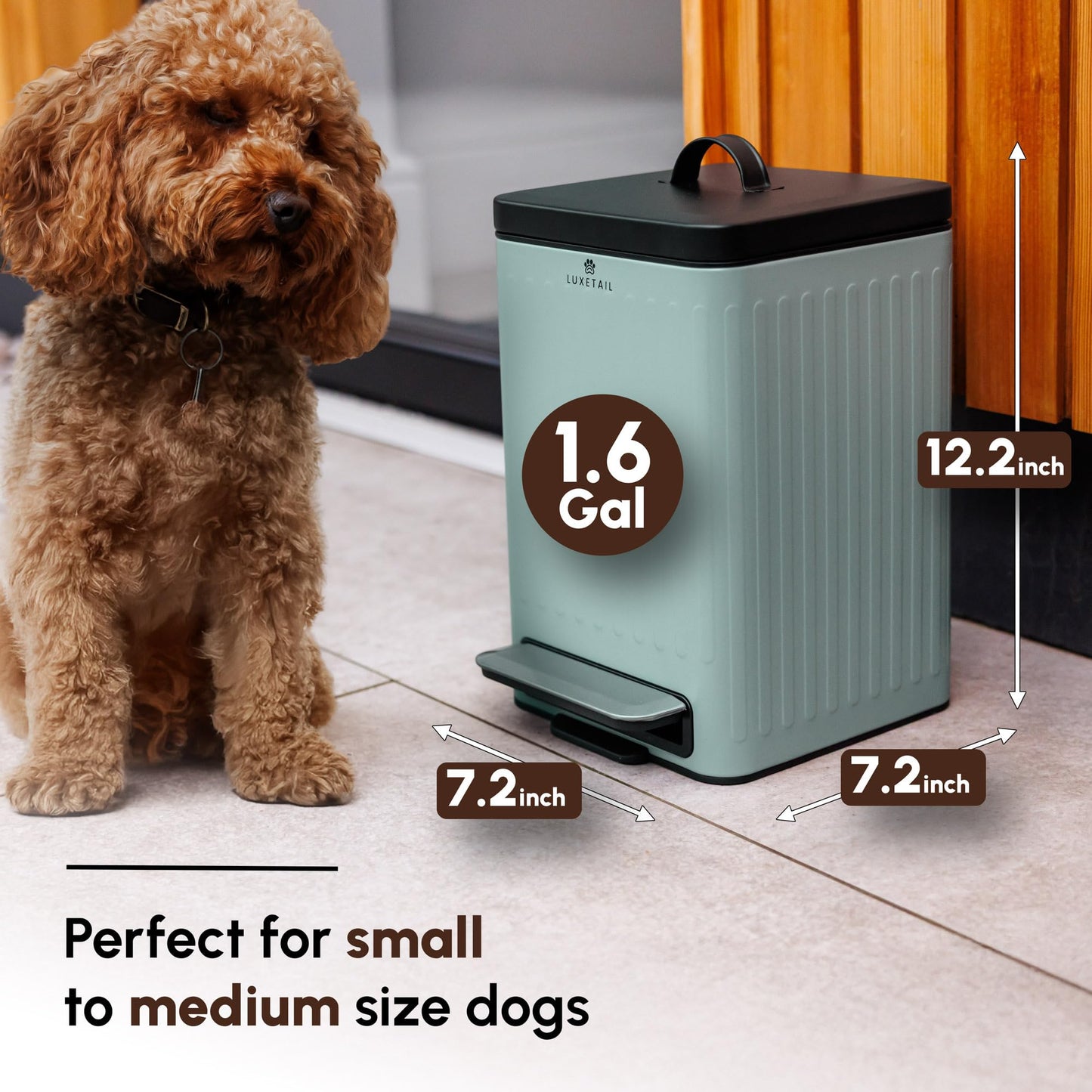 LUXETAIL Small Dog Poop Trash Can Outside – 6L/1.6 Gallon Dog Small Trash Can with Lid, Odor-Locking Carbon Filter System, Hands-Free Stainless Steel Pedal, Easy-Clean Removable Bucket, Sage Green