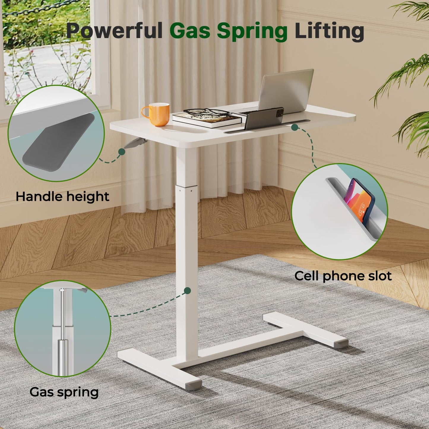 Gibbon Mounts Mobile Standing Desk, Pneumatic Adjustable Rolling Desk(27.5 Inches), Portable Laptop Desk with Wheels, Overbed Bedside Table Laptop Table for Couch, Home, Office, White