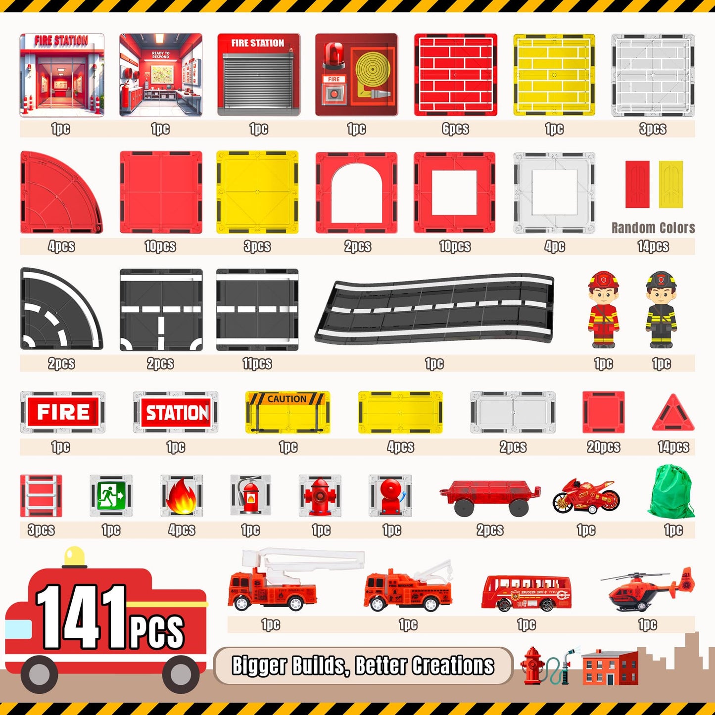 141 Pcs Magnetic Tiles for Kids, Fire Rescue Themed Magnetic Tiles with Fire Station and Fire Rescue Vehicles, STEM Magnetic Tiles for Kids Ages 4-8