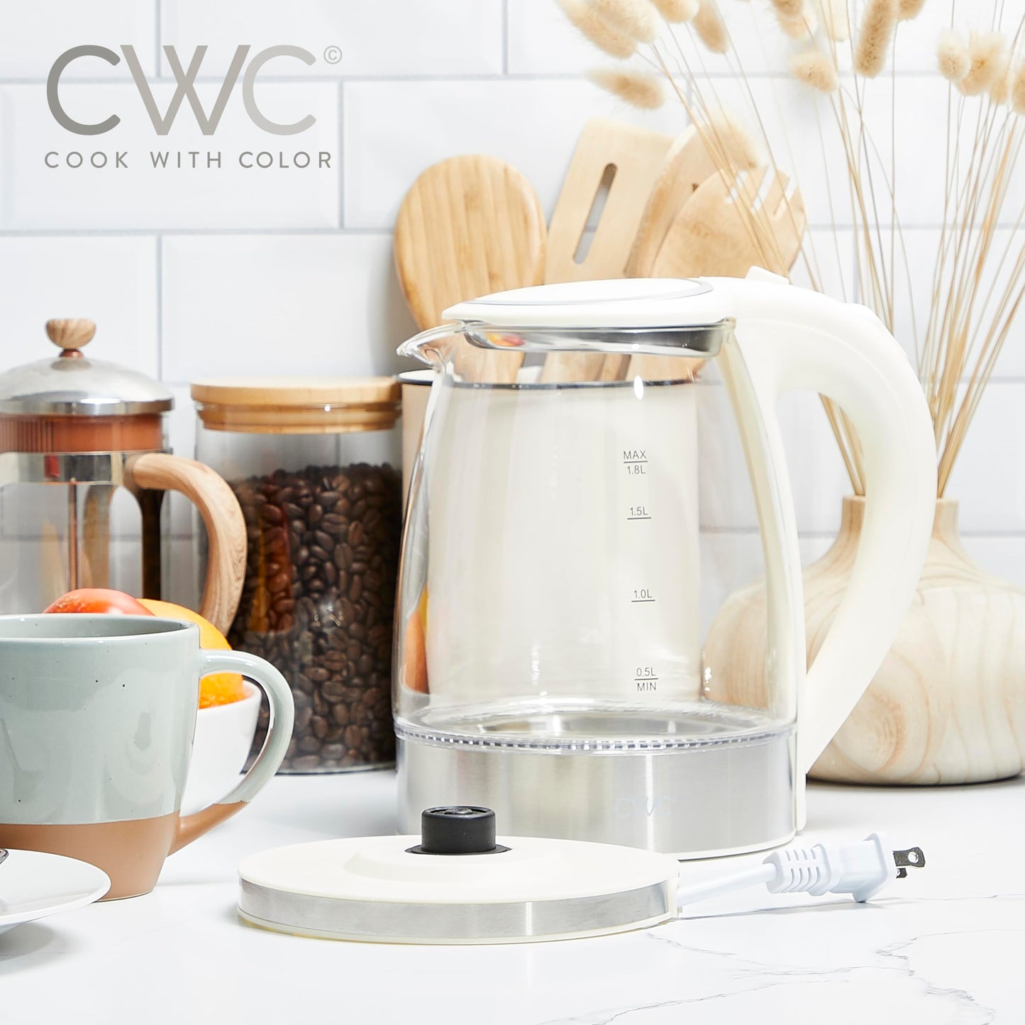 COOK WITH COLOR Electric Tea Kettle, 1.8L Cordless Hot Water Boiler, 1200W Rapid Boil, Auto Shutoff & Boil Dry Protection, BPA-Free, Sleek Countertop Design, Cream