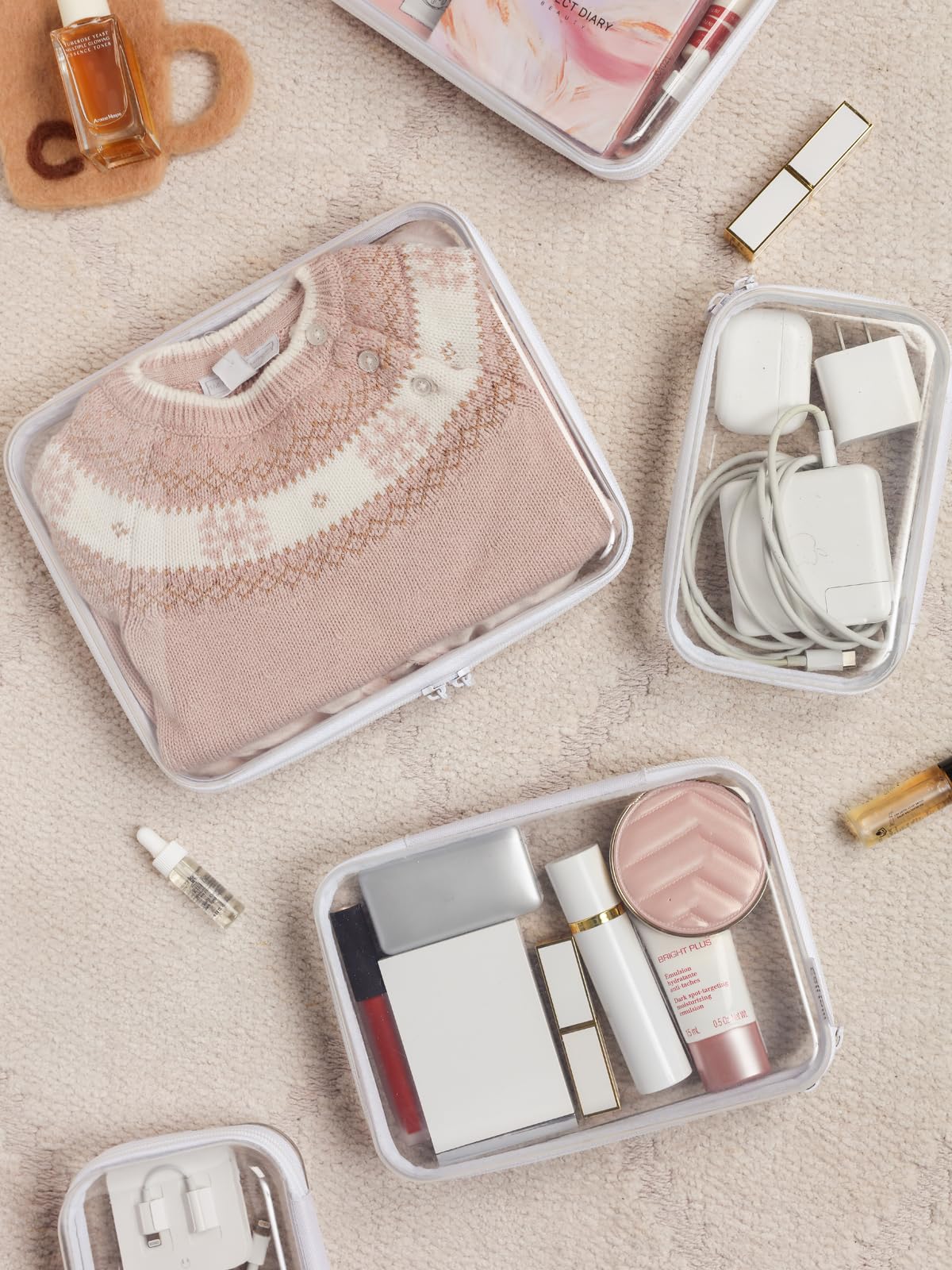CoiiJoii 6PCS Clear Zipper Pouches, Small Christmas Item Storage Bins, Zippered Hard Pouch Double, Portable Makeup and Cosmetic Bag, Storage Organizer Bins, Hard Plastic Case, Clear Zipper Bags