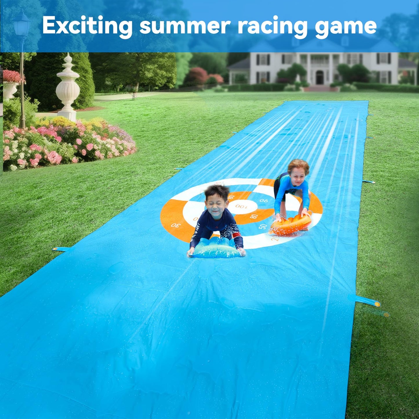 2 in 1 Slip Water Slide and Toss Game, 40FT Slip Lawn Water and Slide for Kids Adults, Summer Outdoor Toy with 2 Bodyboards&6 Water Bags, Backyard Water Toy for Kids Ages 4 6 8 10