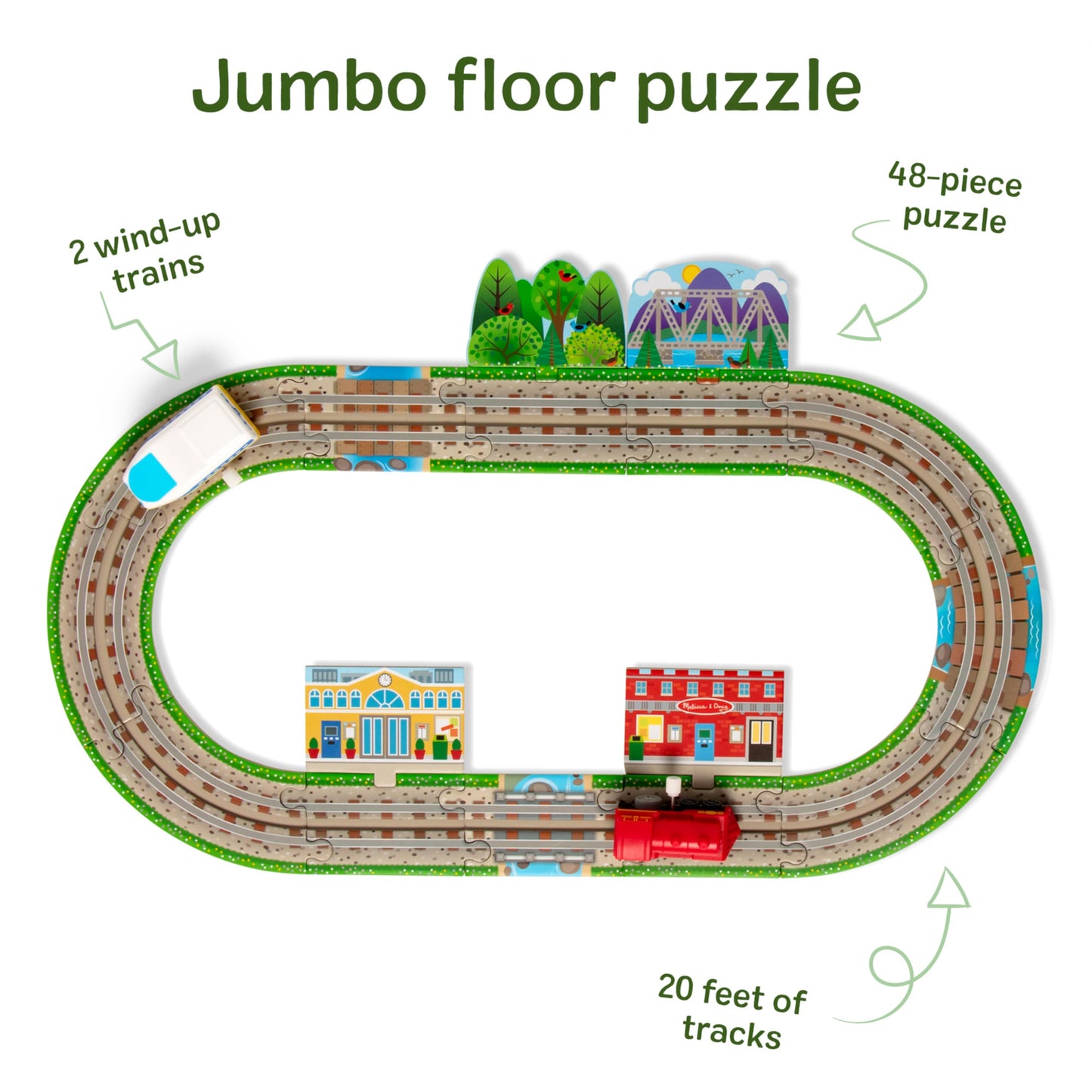 Melissa & Doug Design Your Own Railroad 48-Piece Floor Puzzle with 2 Wind-up Toy Trains and Interchangeable Scenery, Kids Puzzles with Preschool Toys for Girls & Boys Ages 4 and Up - FSC Certified