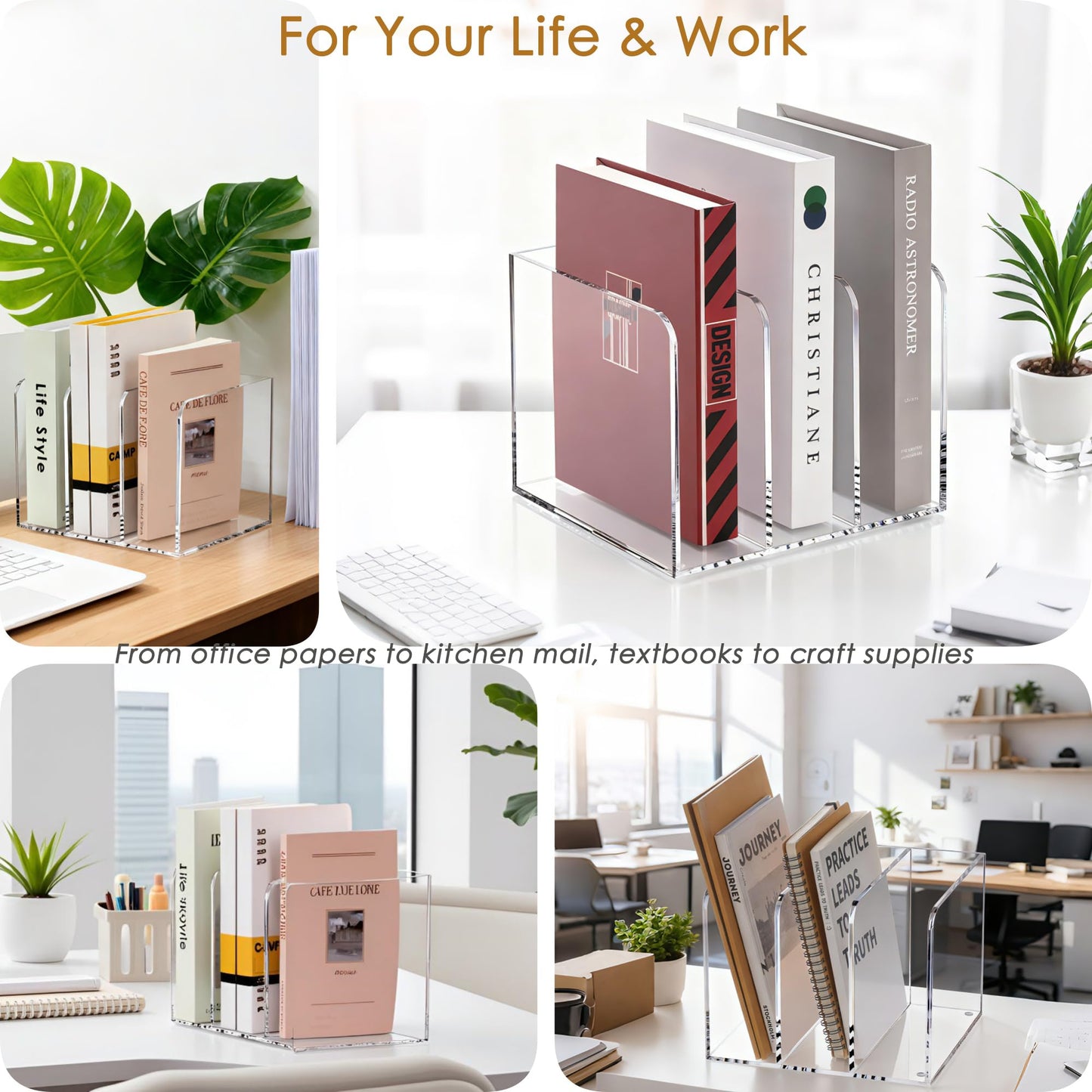 SANRUI Clear Acrylic File Organizer - 3 Compartments Magazine Holder, Vertical File Sorter for Home Office/Classroom/Dorm, Non-Slip Desk File Rack, No Assembly Required, B5 Size