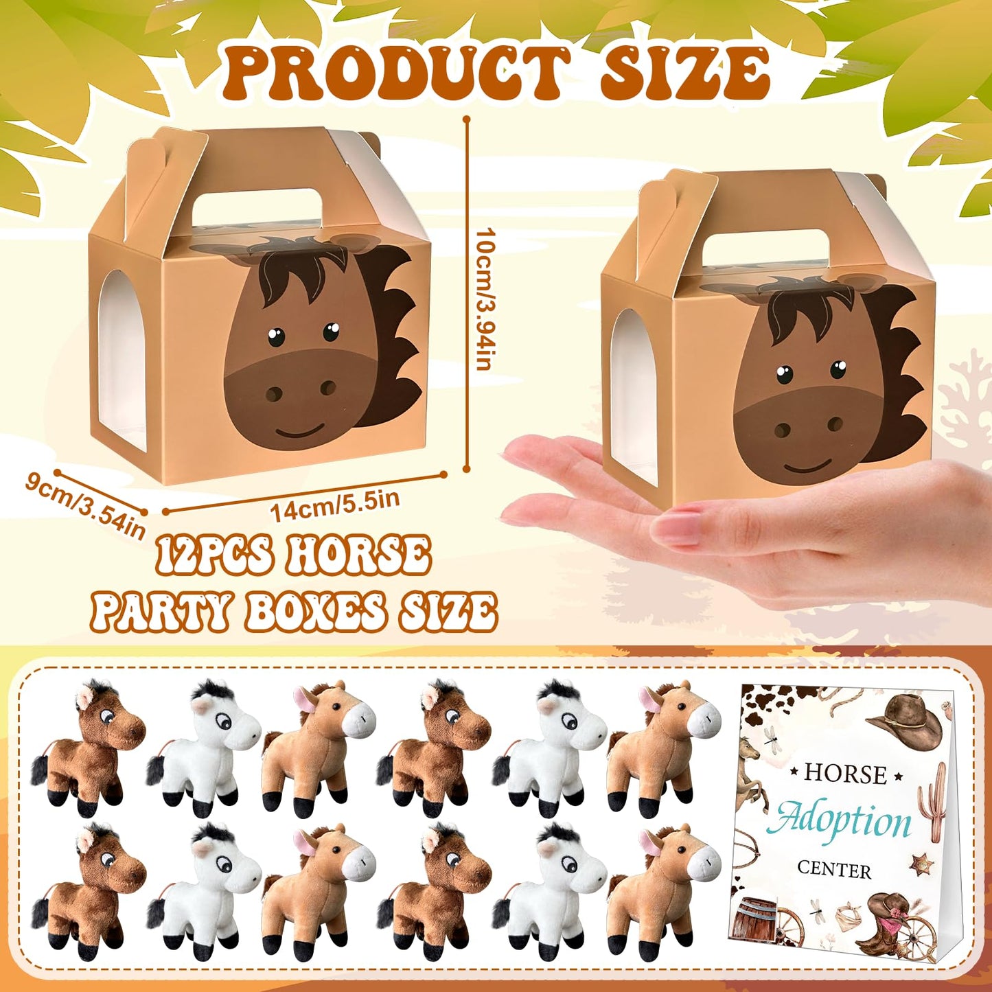 38 Pcs Horse Adopt Party Favor Include 12 4.72 Inch Horse Stuffed Animals 12 Foldable Horses Boxes 12 Adoption Certificates 1 Adoption Card 1 Fence for Adopt a Pony