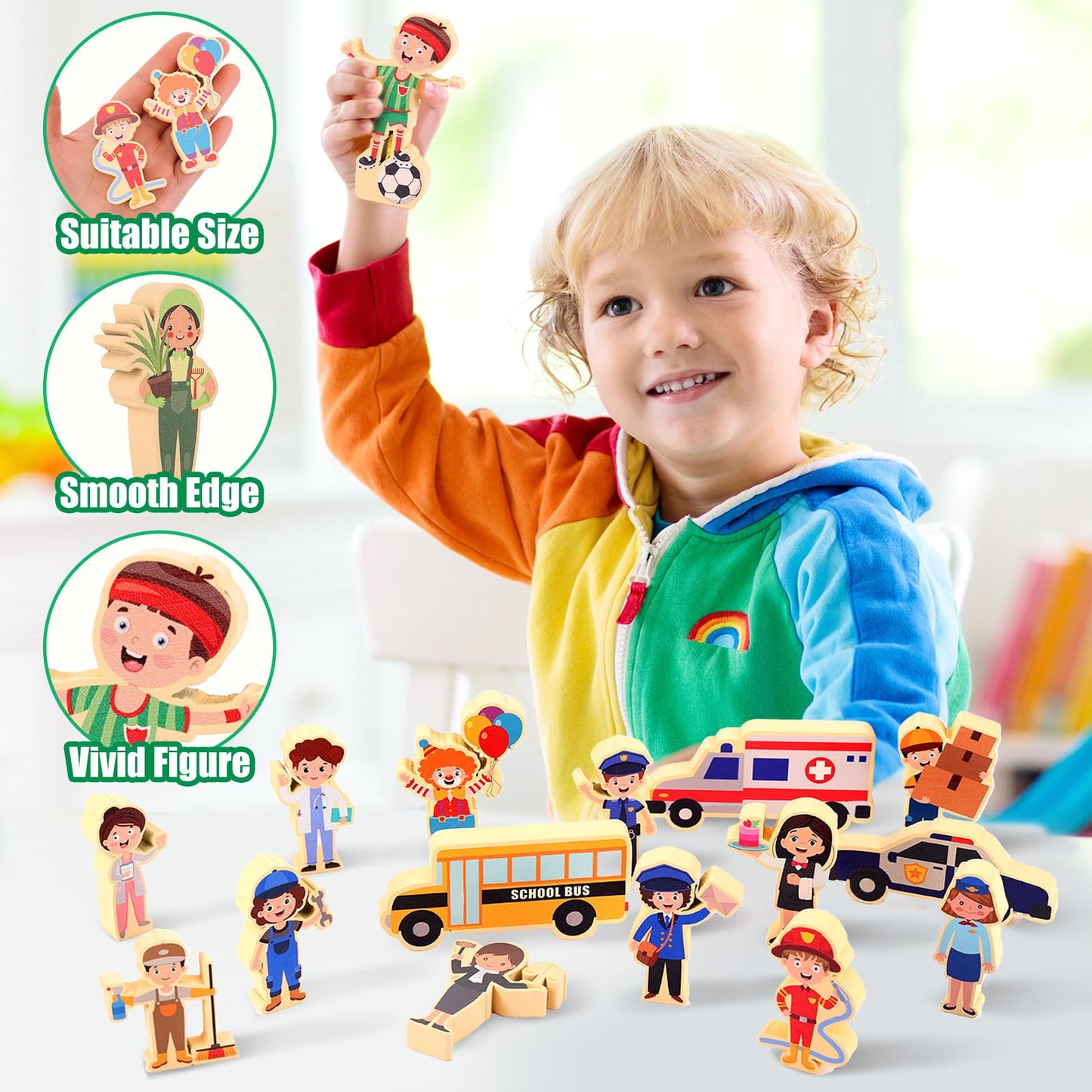 HIYZI - 40 pieces wooden community helpers for small people, professions, wooden blocks, professionals, children, simulation toys, multicultural numbers