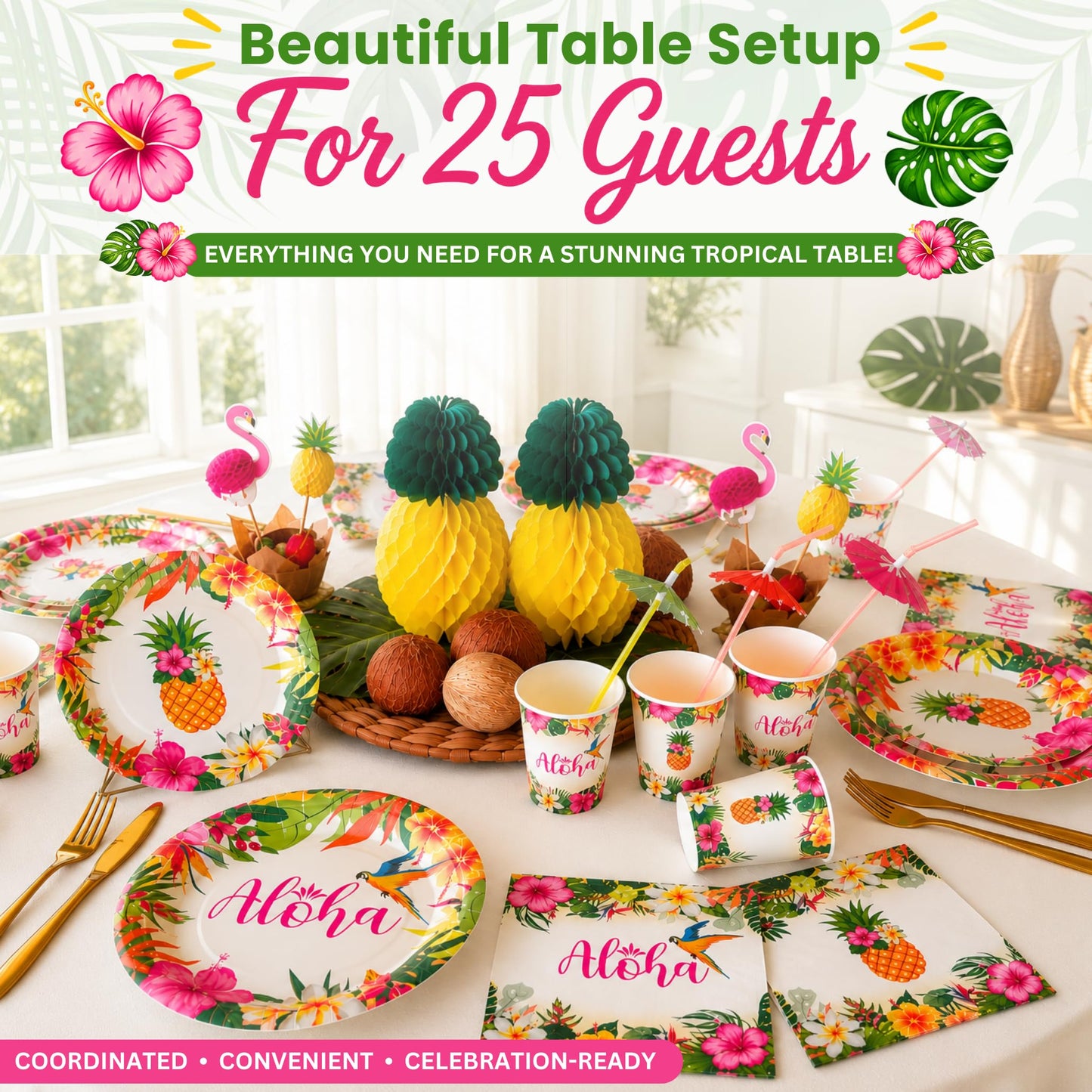 RainMeadow Premium Luau Birthday Party Decorations Set for 25 guests - Hawaiian Theme with Aloha Banner, Balloons, Flamingo, Tableware - Tropical Luau Party Supplies