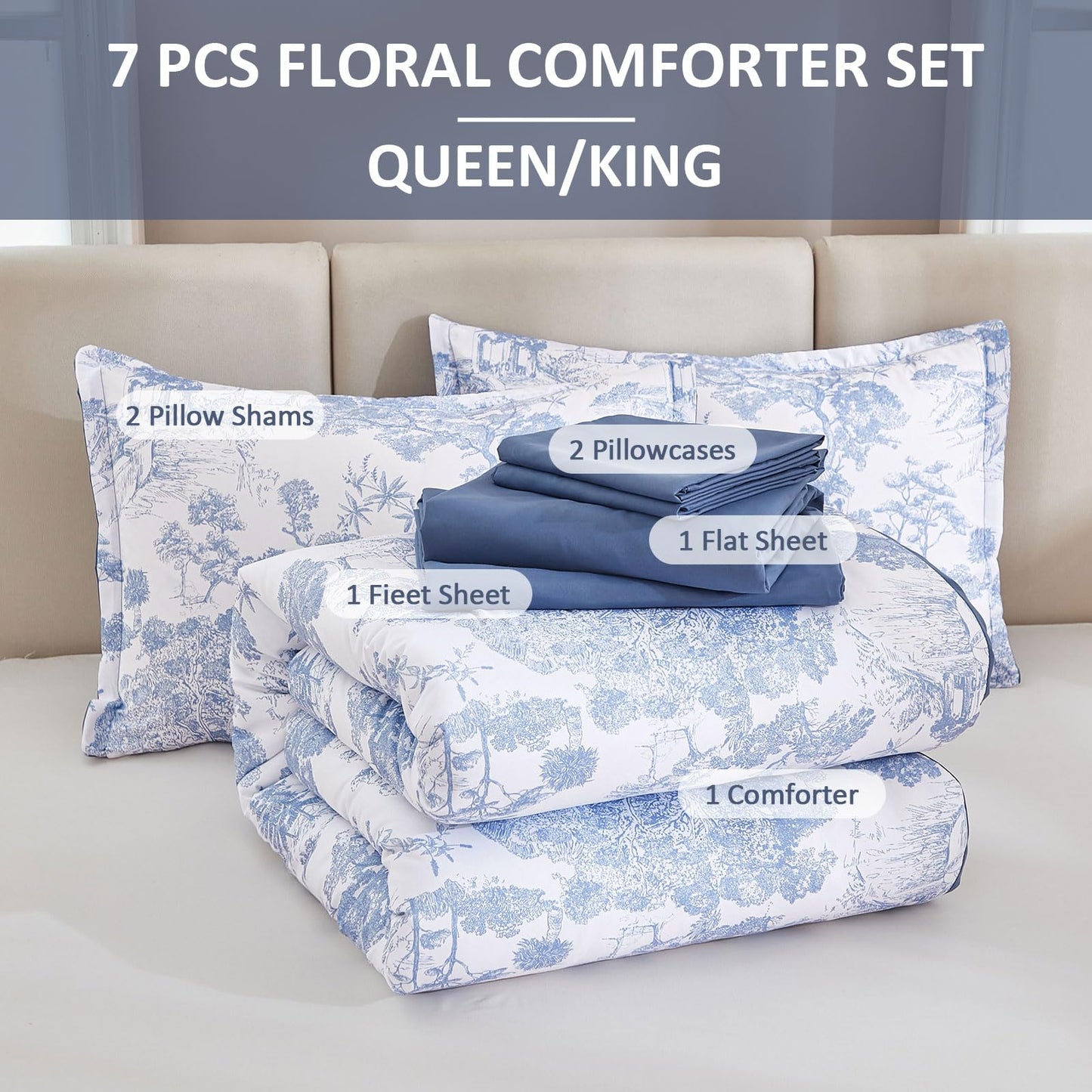 DJY Blue Comforter Set Queen, 7 Pieces Bed in a Bag Queen Size Botanical Comforters with Sheets Elegant Plants Print Soft Microfiber Reversible Complete Bedding Sets for All Season