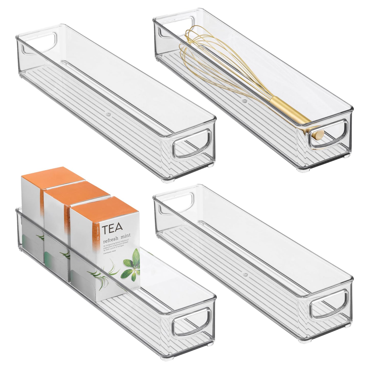 iDesign Slim Clear Plastic Storage Bin, Extra Long Narrow Stackable Organizer for Kitchen and Pantry, 4-Pack
