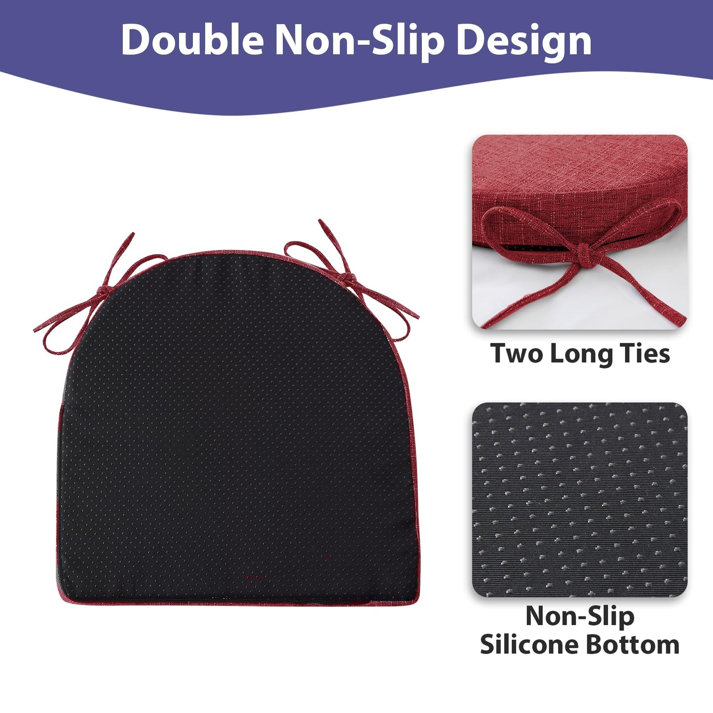 IPYNBAP Chair Cushions for Dining Chairs with Ties and Removable Cover, Dining Kitchen Chair Pads with Non-Slip Bottom, High-Resilience Indoor Seat Cushions, 16'' x 16'' x 2'', Set of 4, Red