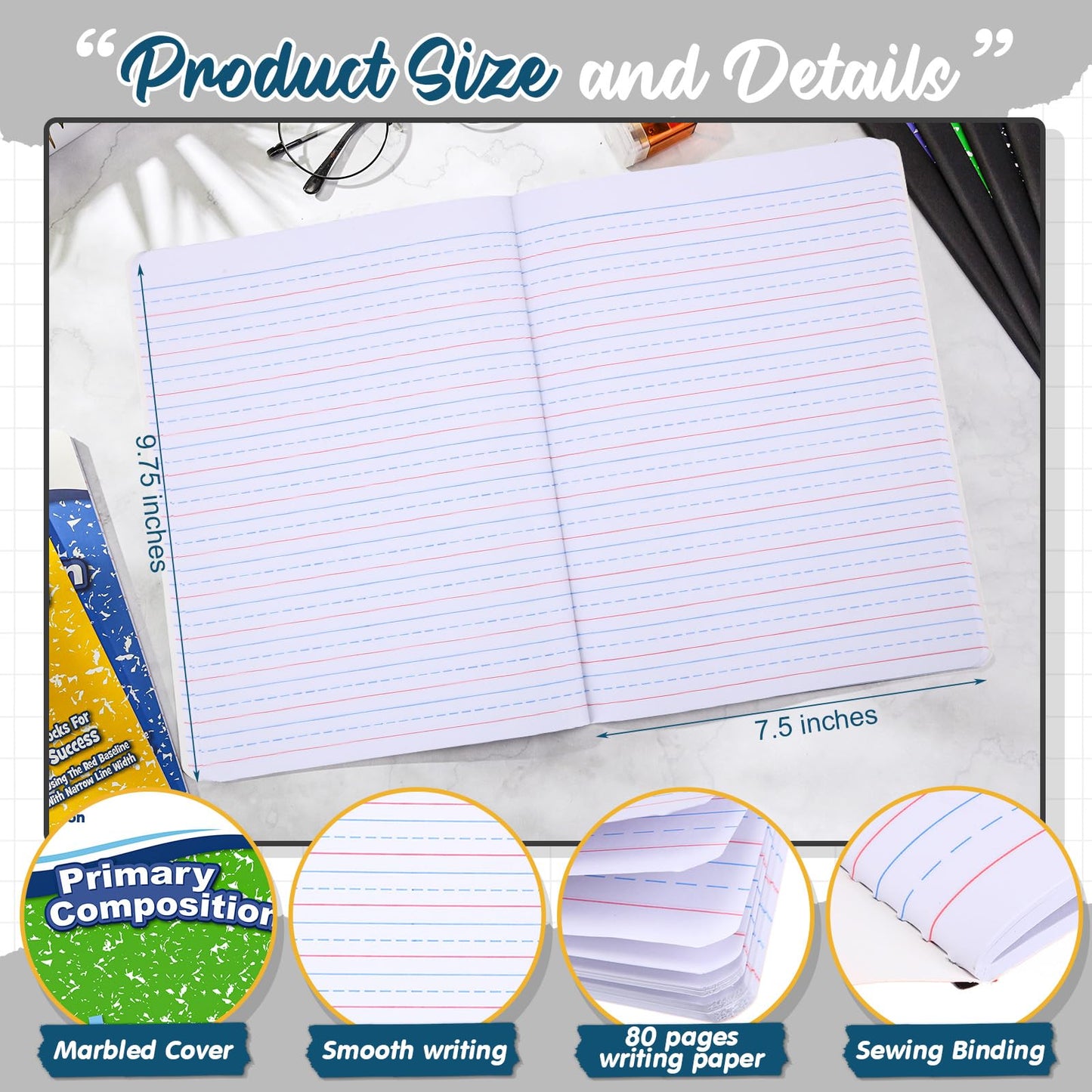 48 Pack Primary Composition Notebook,Grade K-2 Journal Wide 3 Line Ruled,80 Pages,Marble Cover,7-1/2" x 9-3/4" Primary Writing Notebook for Kindergarten Preschool,1st 2nd Grad (Mix Color)