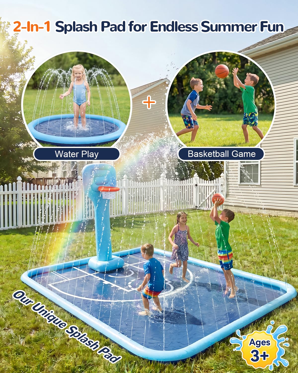 Qmioti 3-in-1 Splash Pad for Kids & Dogs, 138 x 118'' Large Sprinkler Pad with Basketball Hoop, Foldable Play Mat, Pool Summer Outdoor Water Toy