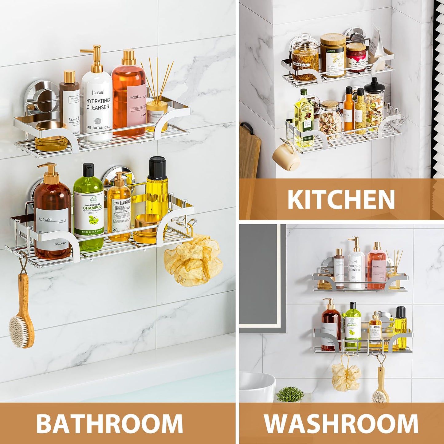 LEVERLOC Shower Caddy Suction Cup 2 Pack, Shower Shelf for Inside, Large Capacity Bathroom Organizers and Storage, Rustproof & Waterproof Metal Bath Basket, No-Drilling, Heavy Duty, Silver