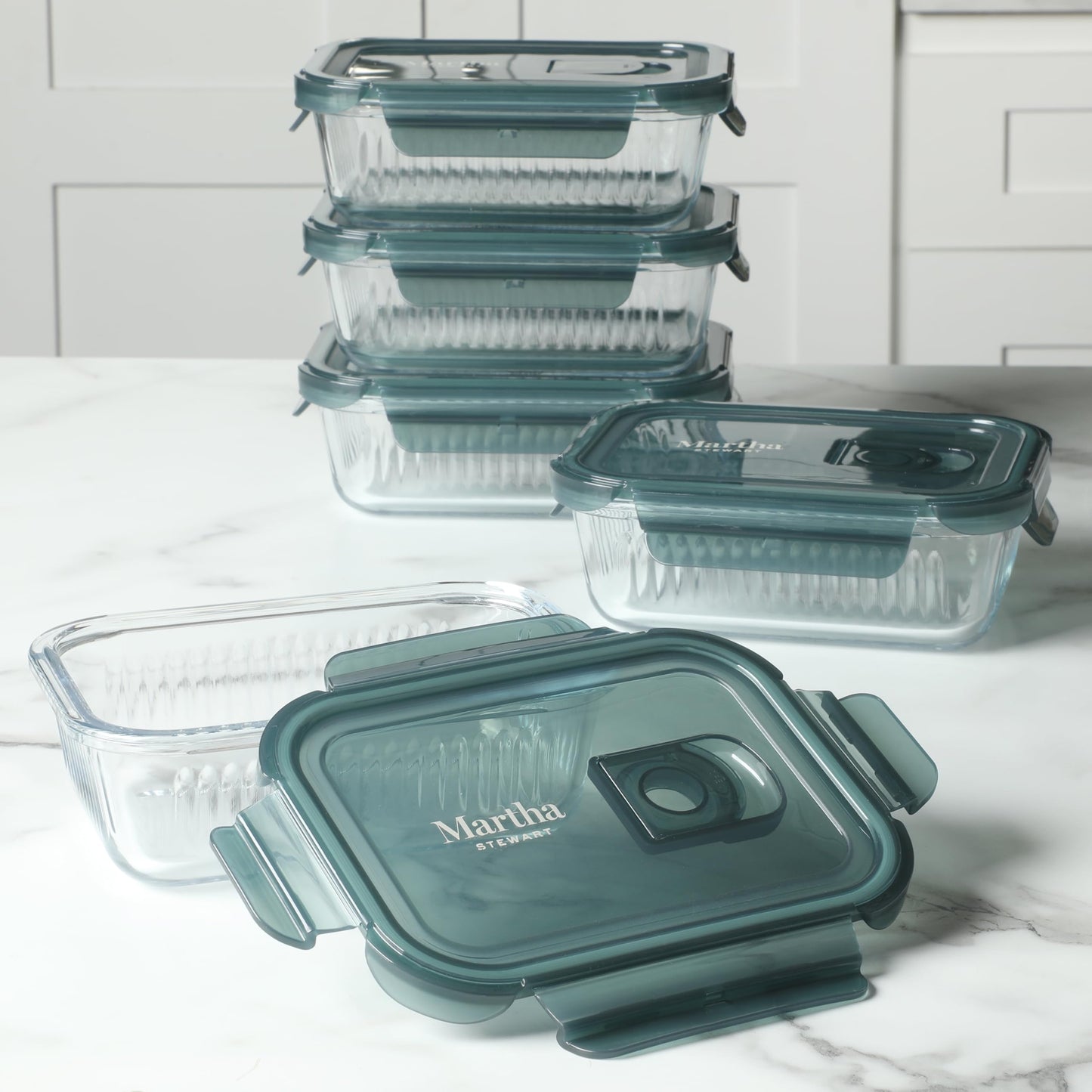 Martha Stewart Shadowbrook 5-Piece Borosilicate Glass Storage Container Set – Airtight Locking Lids, 21.6 oz Meal Prep, Leftover & Lunch Containers, Microwave, Oven & Dishwasher Safe