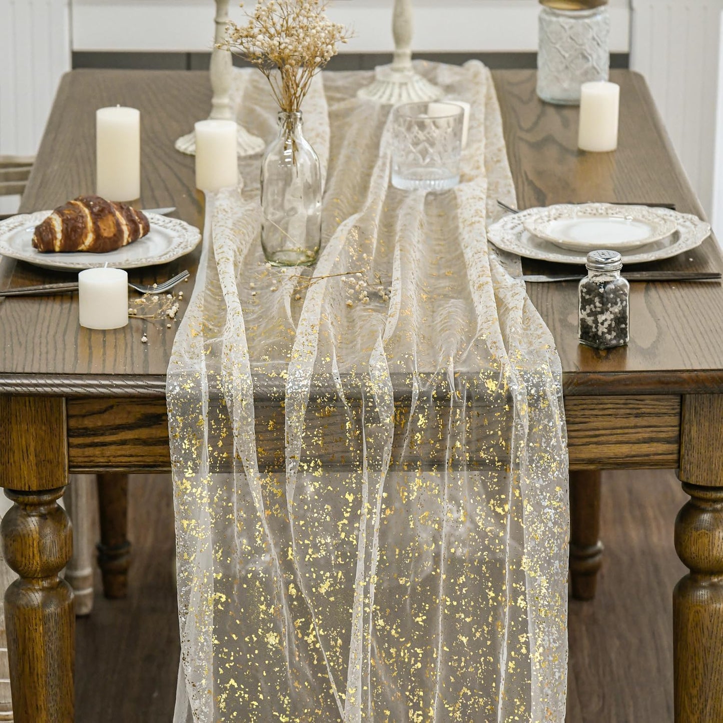 Artoid Mode Beige Gold Gauze Table Runner 120 Inch 10Pcs, Glitter Metallic Foil Sheer Dining Wedding Anniversary Holiday Birthday Table Decor for Home Party