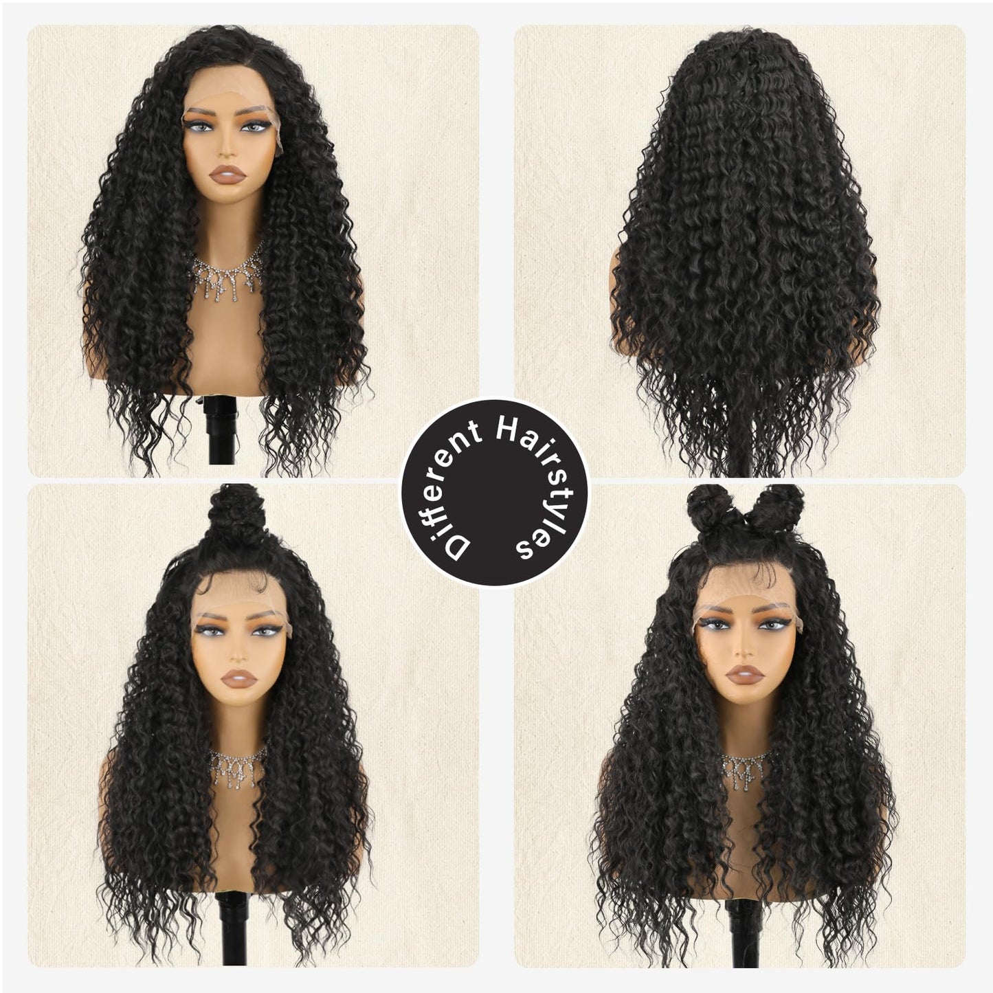 13x4 Black Synthetic Lace Front Wigs for Women 24 inch Long Curly Wavy Wig with Baby Hair Pre Plucked Heat Resistant Wig for Daily Use