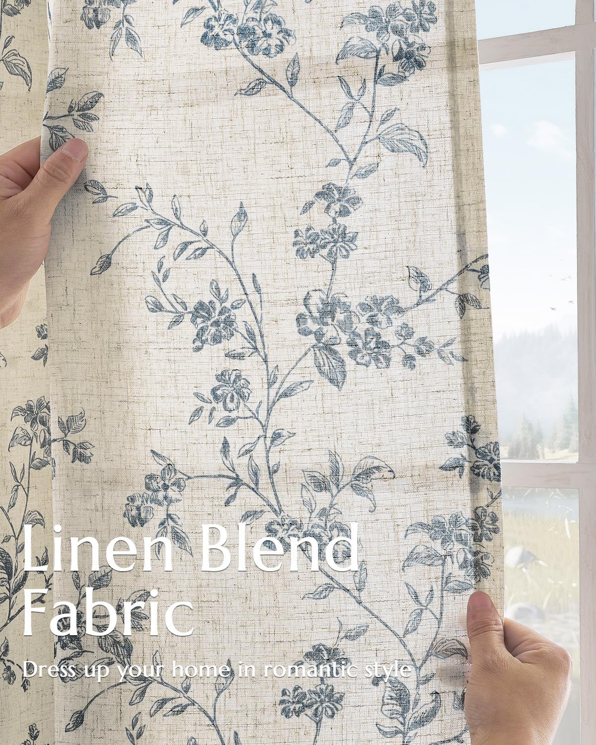 jinchan Linen Floral Curtains for Living Room 84 Inch Length Blue Printed Curtains Back Tab French Country Farmhouse Flower Patterned Drapes Bedroom Window Curtain Set 2 Panels