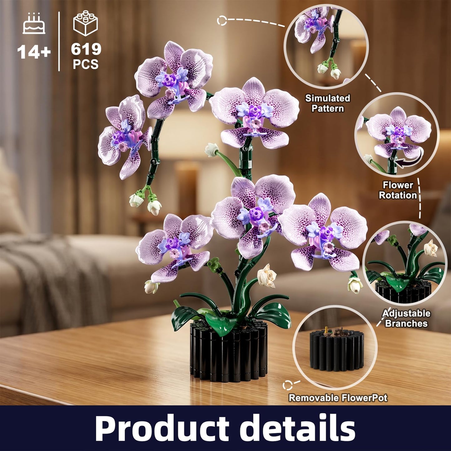 Ouepiano Artificial Orchid Building Set for Adults – 619PCS Flower Bouquet Kit, Lifelike Butterfly Orchid Potted Plant Model, DIY Home Office Desk Decor, No Watering Needed