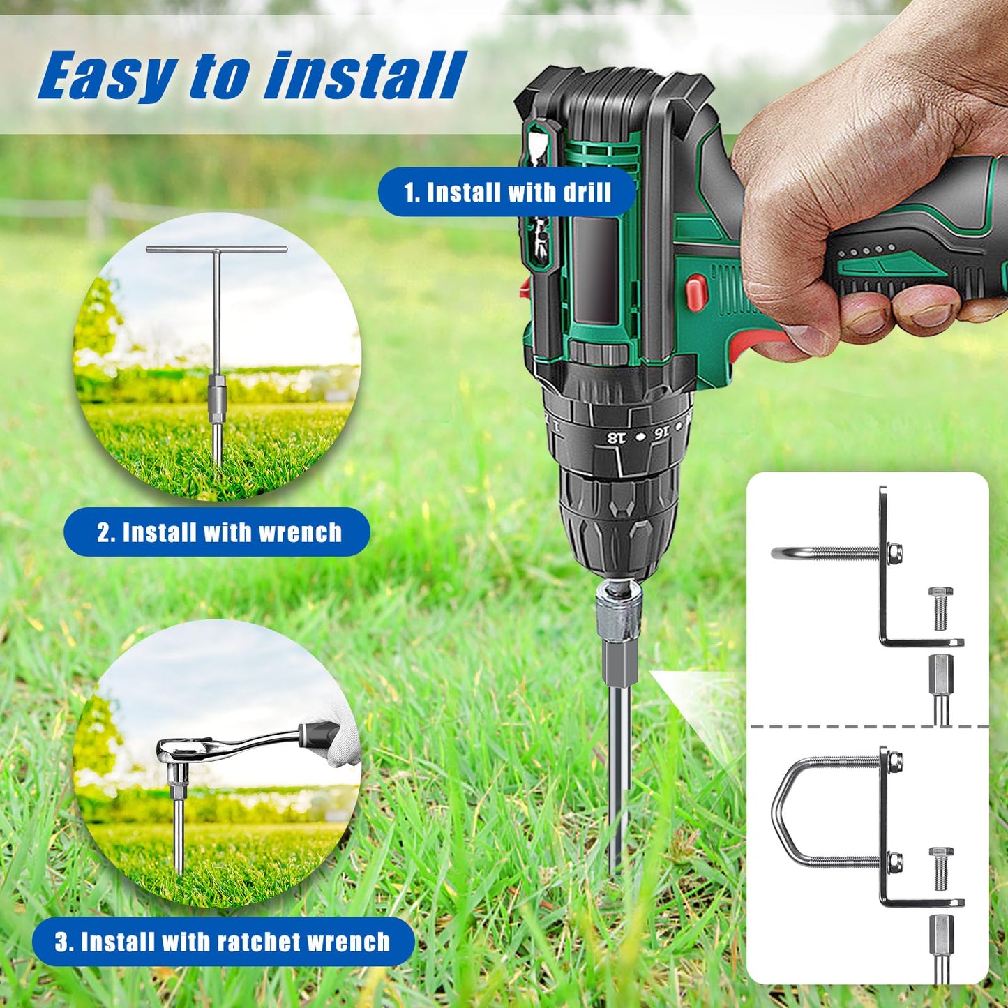 Lifeswell 30" Heavy Duty Screw in Ground Anchors Kit, 3" Spiral Windproof Earth Anchors for Trampoline, Shed, Swing Set & Mobile Home, Fully Welded Steel with Nut Driver Drill Bit (Set of 4)