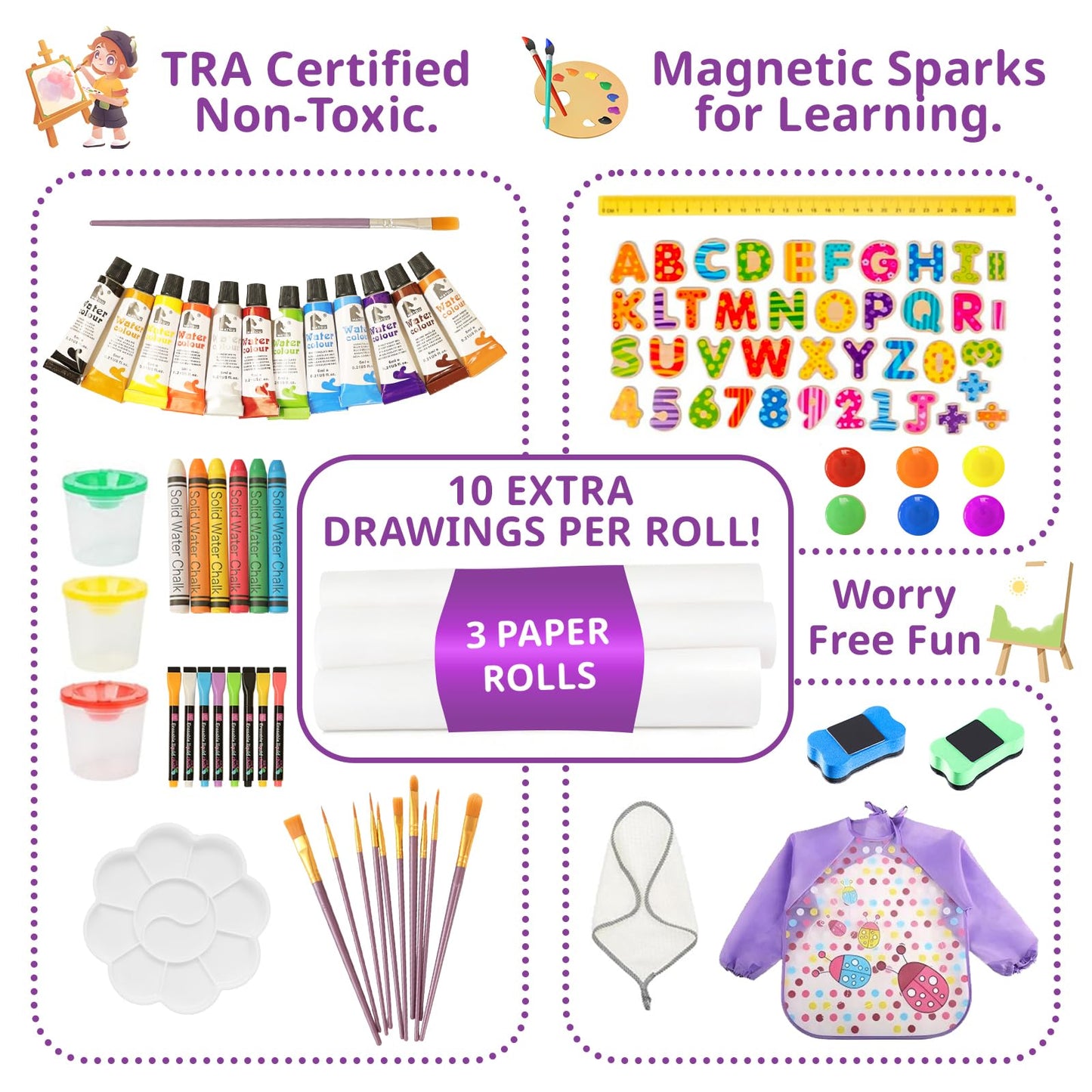 Art Easel for Kids with 3 Paper Roll, Magnetic Whiteboard and Chalkboard,Adjustable Standing Wooden Toddler Easel for Painting Double Sided,3in1 Painting Easel for Kids 2-4 4-8 Boys Girls Gift Purple