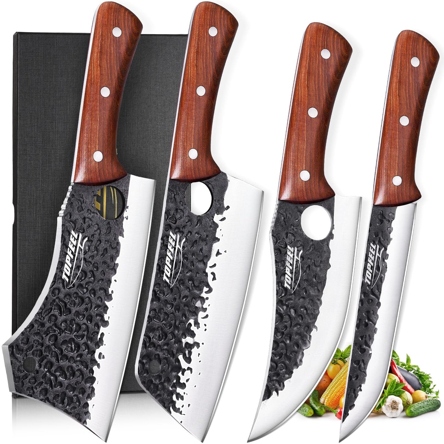 Topfeel 4PCS Meat Cleaver Set -Heavy Duty Bone Chopper & Meat Cleaver & Viking Knife & Slicing Knife, Chef Knives Set for Home Kitchen,Camping, BBQ Knives Gift for Men