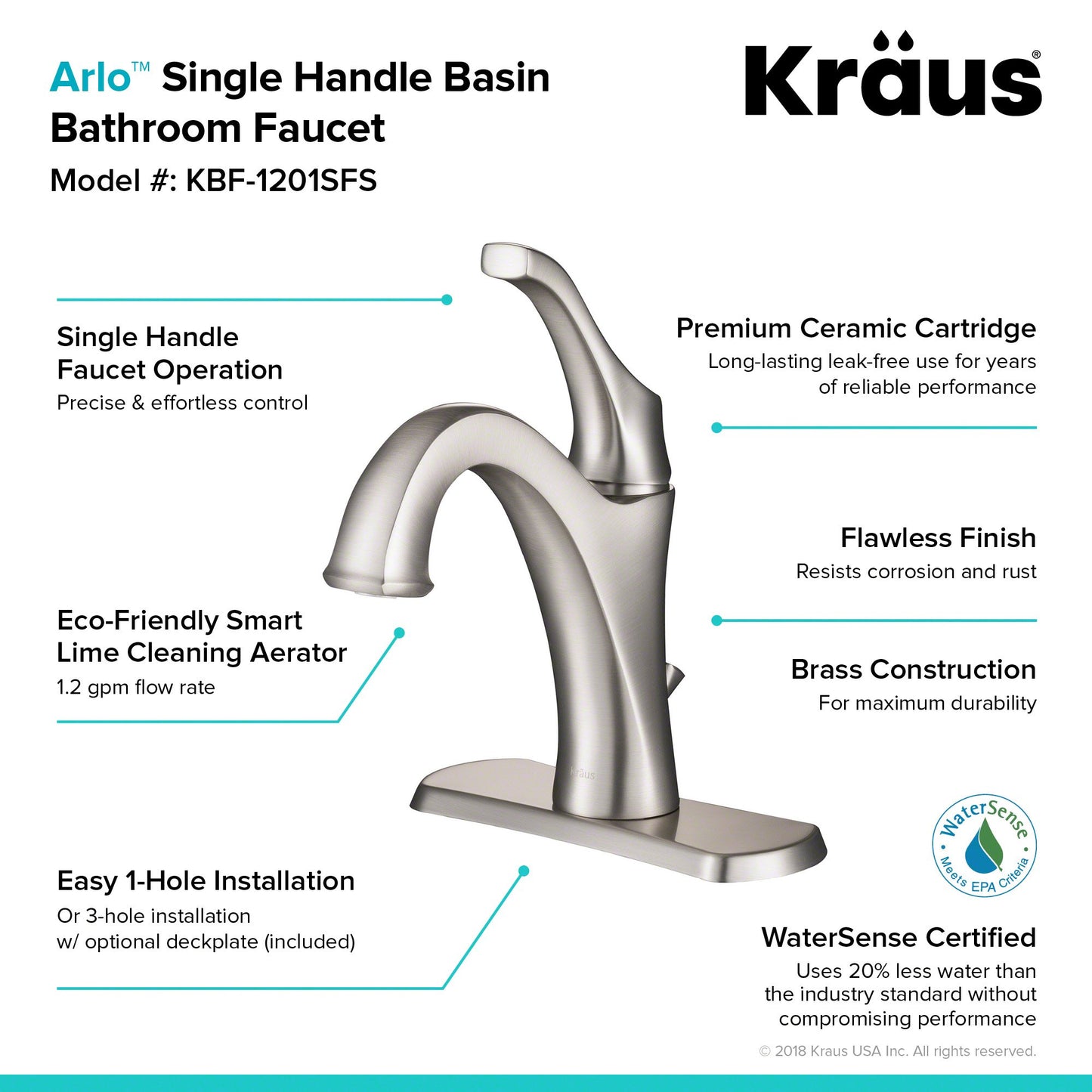 KRAUS KBF-1201SFS Arlo Single Handle Basin Bathroom Faucet with Lift Rod Drain and Deck Plate, Spot-Free All-Brite Stainless Steel
