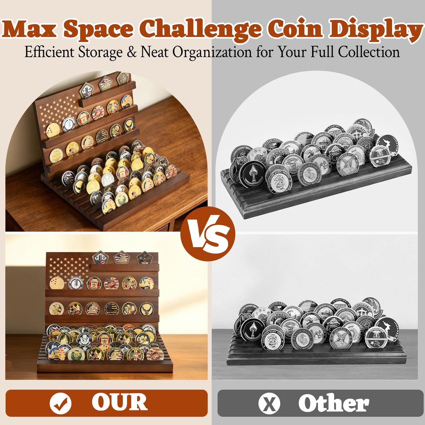 Yncotte Challenge Coin Display, Slotted Stands Military Coin Holder Display Rack Solid Wood for Army Coin Collection Desk Tabletop Decorative Stands, Large Capacity of 80 Coins 8 Raw (Walnut)