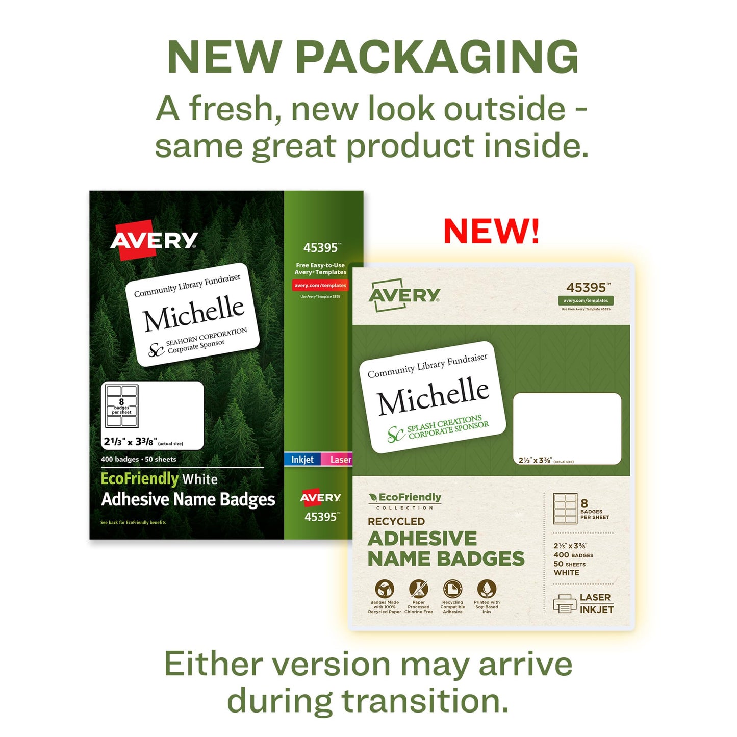 Avery EcoFriendly Recycled Name Tags, 2-1/3" x 3-3/8", White, Removable Adhesive, 400 Printable Name Badges (45395)