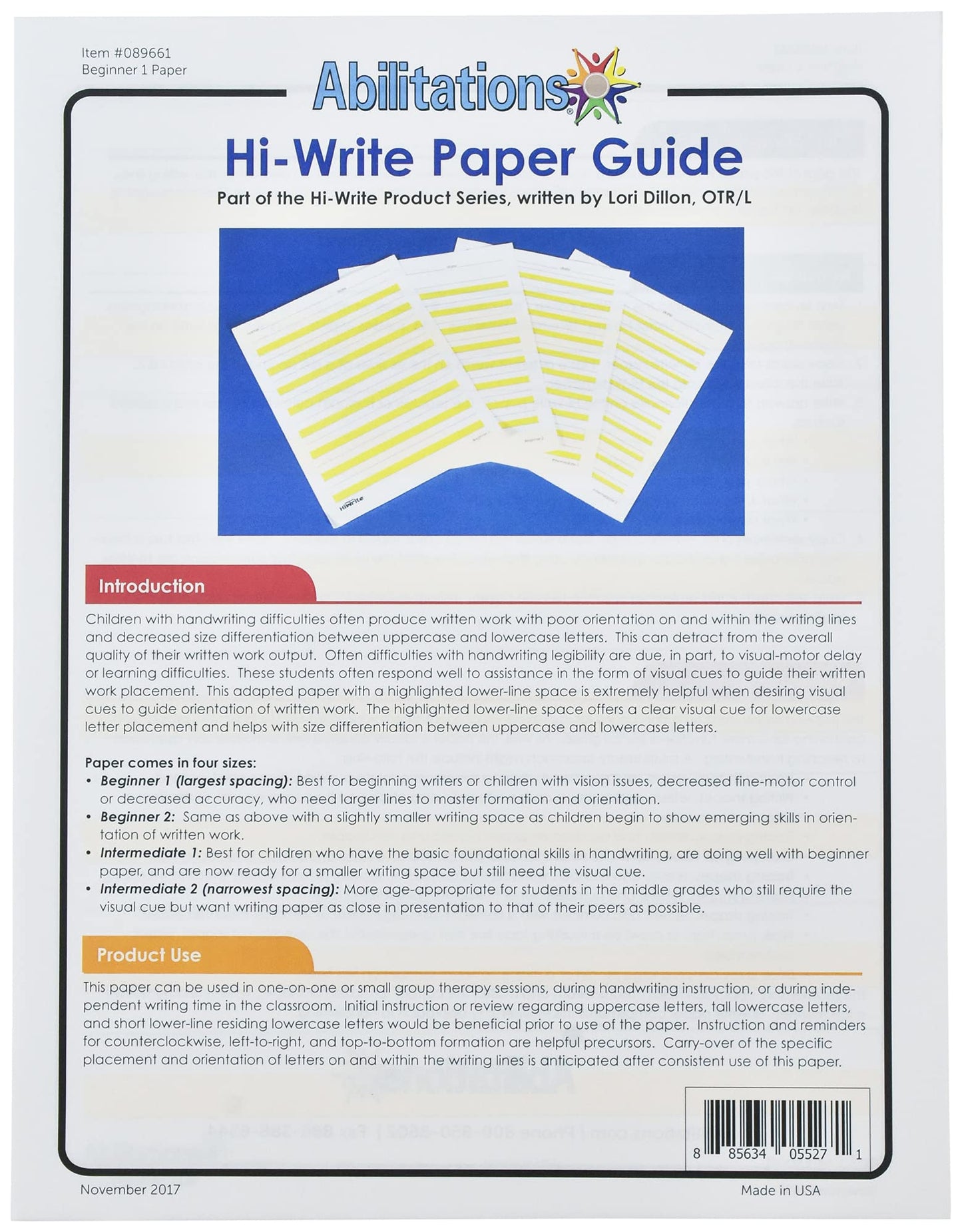 Abilitations 089661 Hi-Write Beginner Paper, Level 1, Pack of 100, Yellow/White