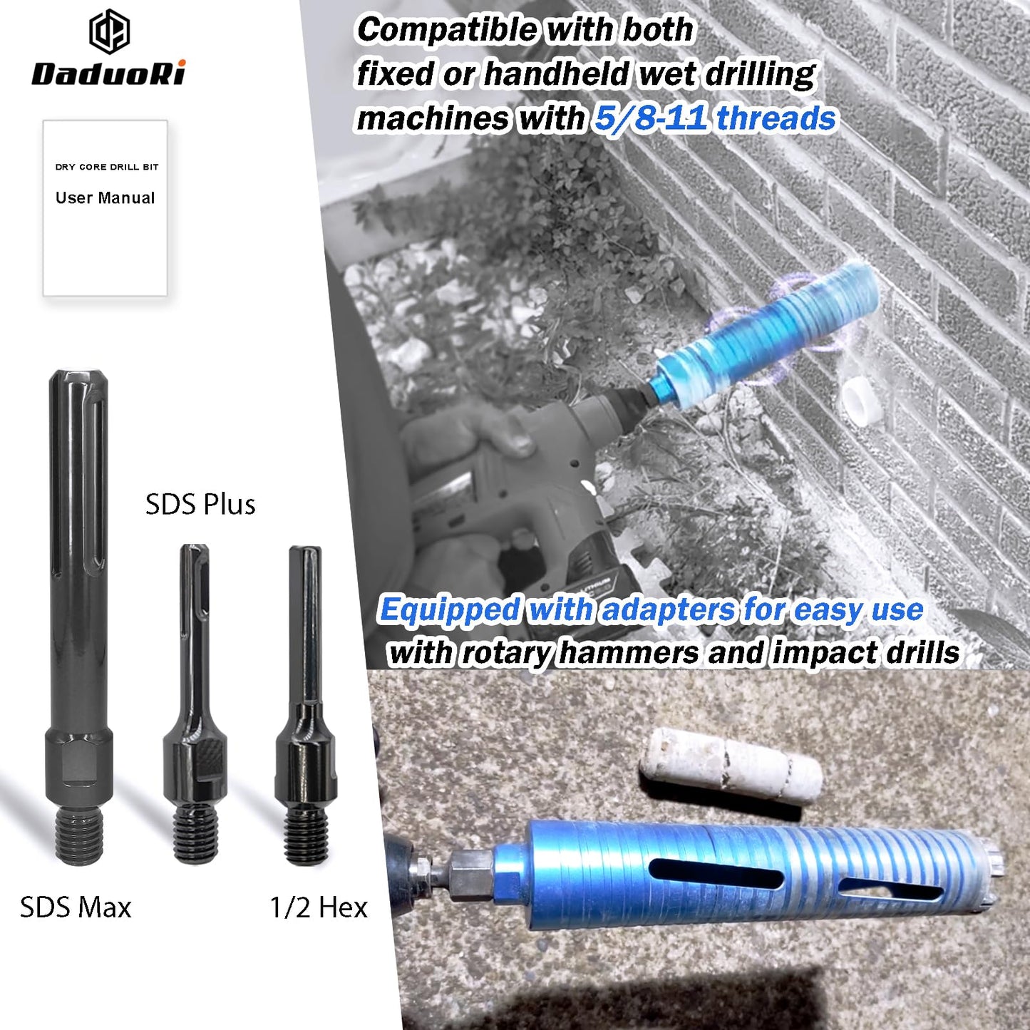 DaduoRi 2 3/4" Dry Core Drill Bit for Brick and Block with 3 Adapters Included: SDS Max, SDS Plus and 1/2" Hex Shank, 5/8"-11 Thread, 9.5" Drilling Depth for Concrete, Brick, Stucco,Masonry (2.75")