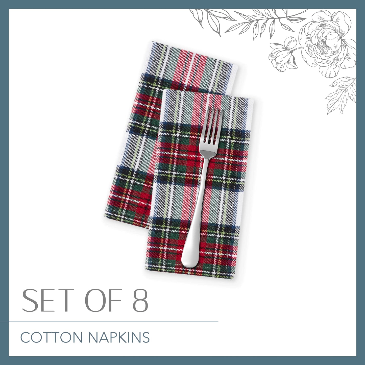 Elrene Home Fashions Christmas Classic Holiday Plaid Cotton Napkins, Holiday Table Decor, 17" x 17", Set of 8