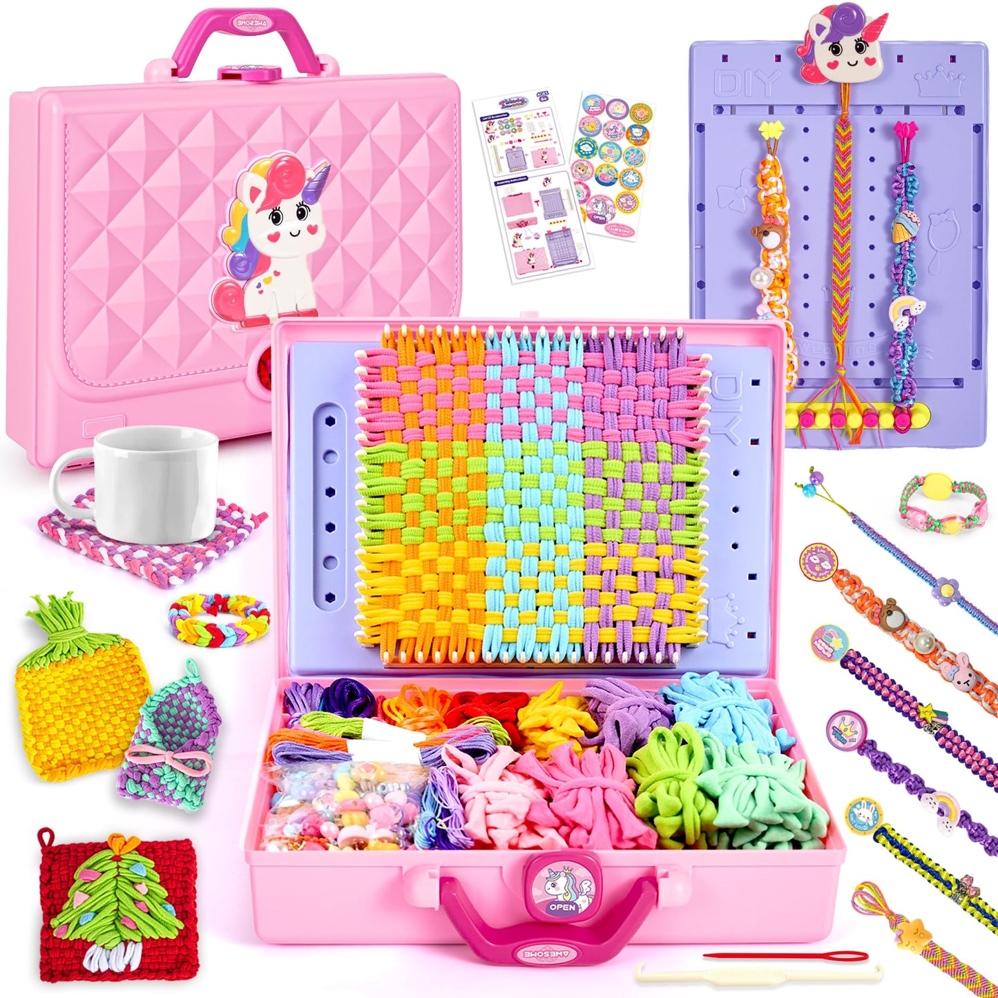 ELFJOY Friendship Bracelet Making Kit,Arts and Crafts Kit for Girls Ages 8 9 10 11 12,Rainbow Weaving Loom for Kids to Make Bracelets Coasters Complete Beginner Weaving Supplies for Christmas Birthday