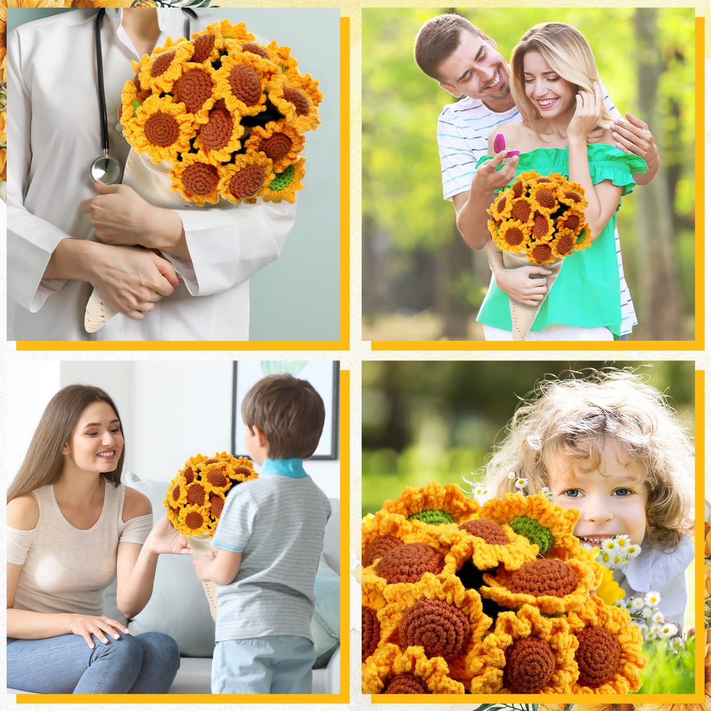 WovWeave Sunflower Crochet Knitted Blanket - 31.5 inch Finished Yellow Floral Bloomie Bouquet Blanket for Women Birthday Gift Anniversary Wedding Party Favors