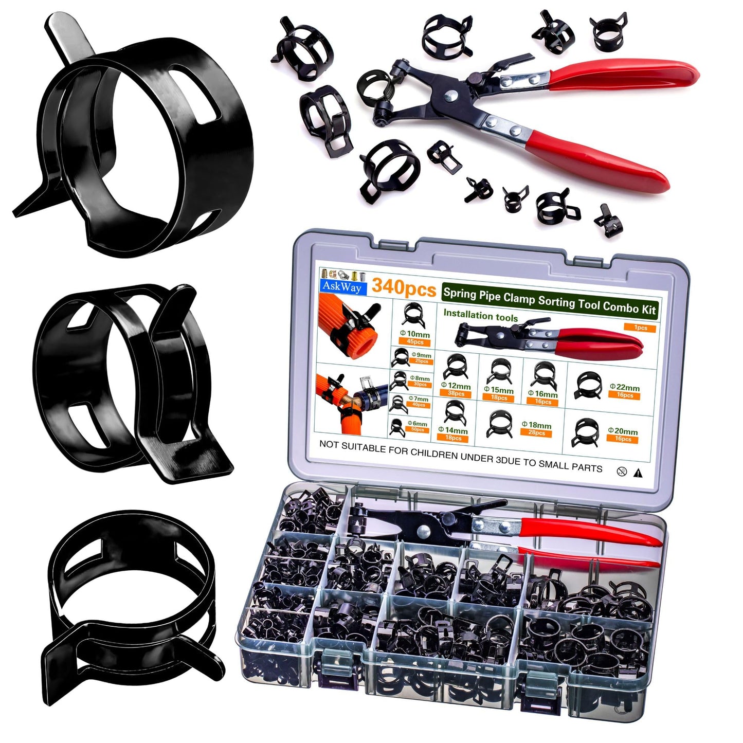 ASKWAY 340pcs Spring Pipe Clamps, With Spring Pipe Clamp Tools, 12 Sizes 6-22mm Spring Hose Clamps, Used To Fix Hose Interfaces In Automotive, Marine, Gardening, Industrial Applications